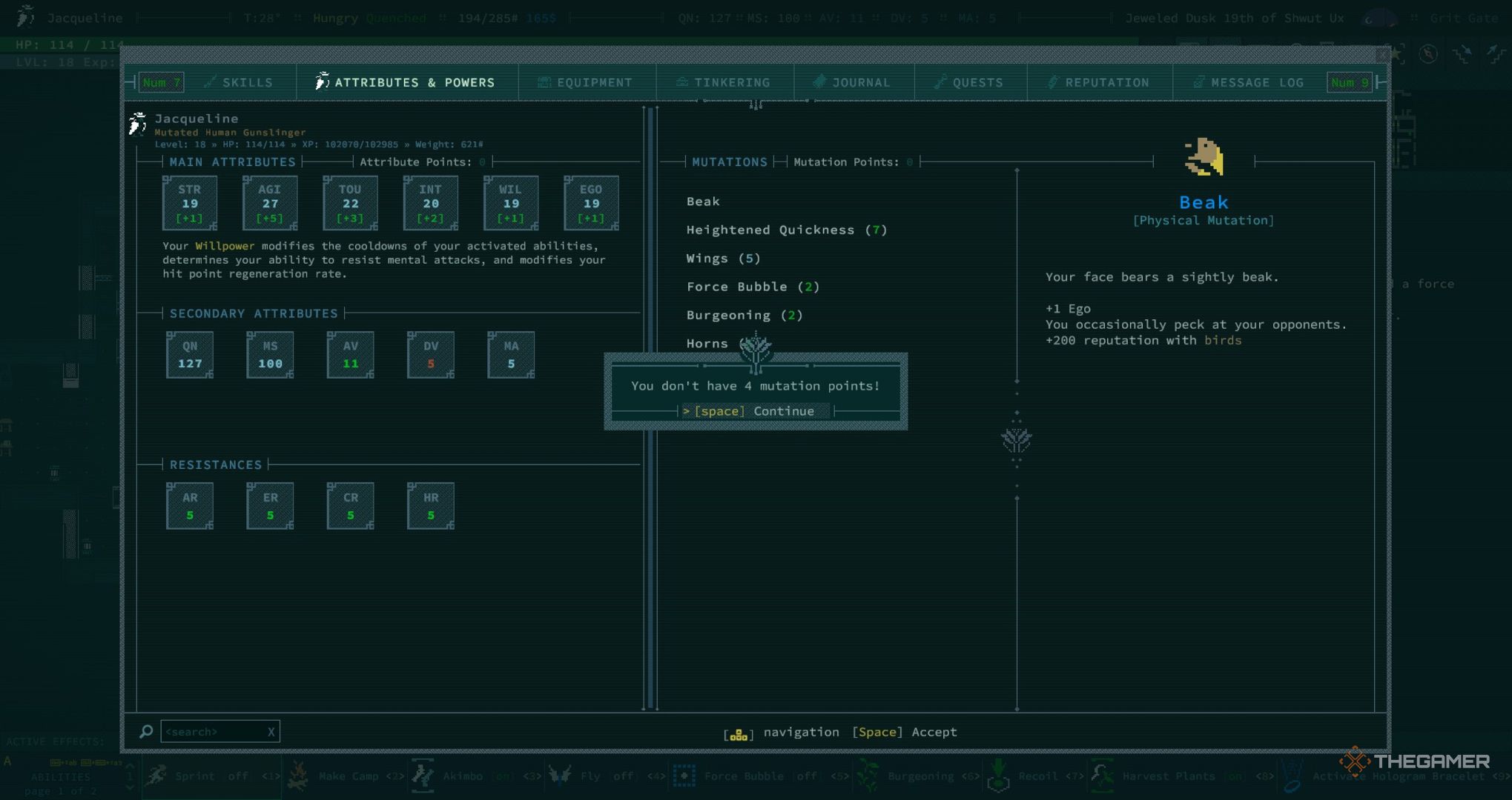 A player not having enough points to get a mutation in Caves of Qud.