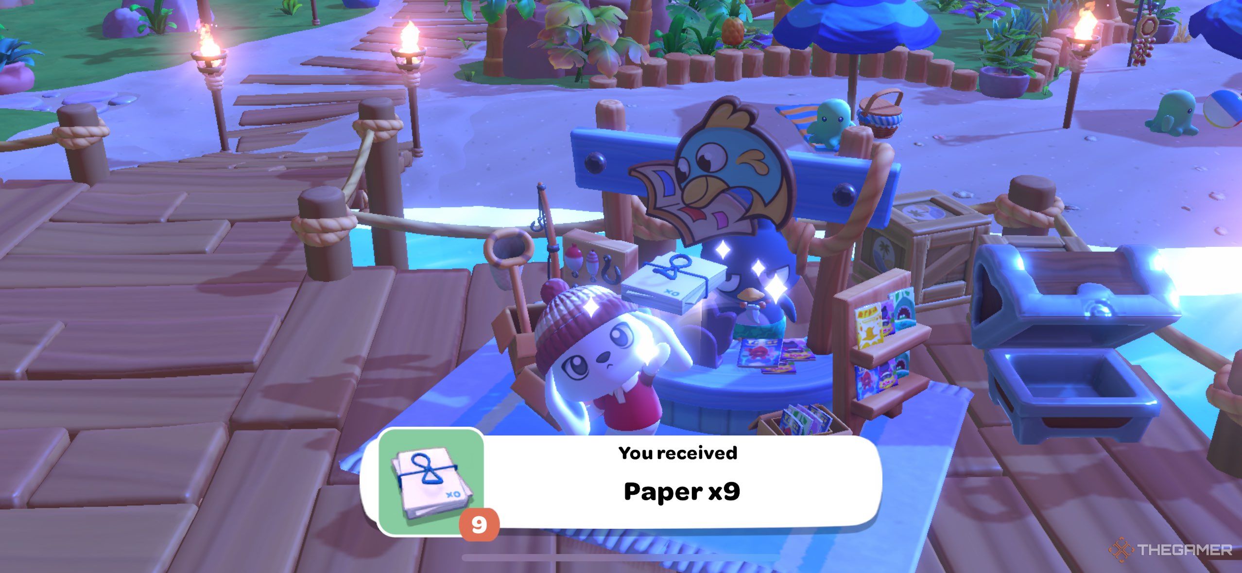 A player receiving paper in Hello Kitty Island Adventure.