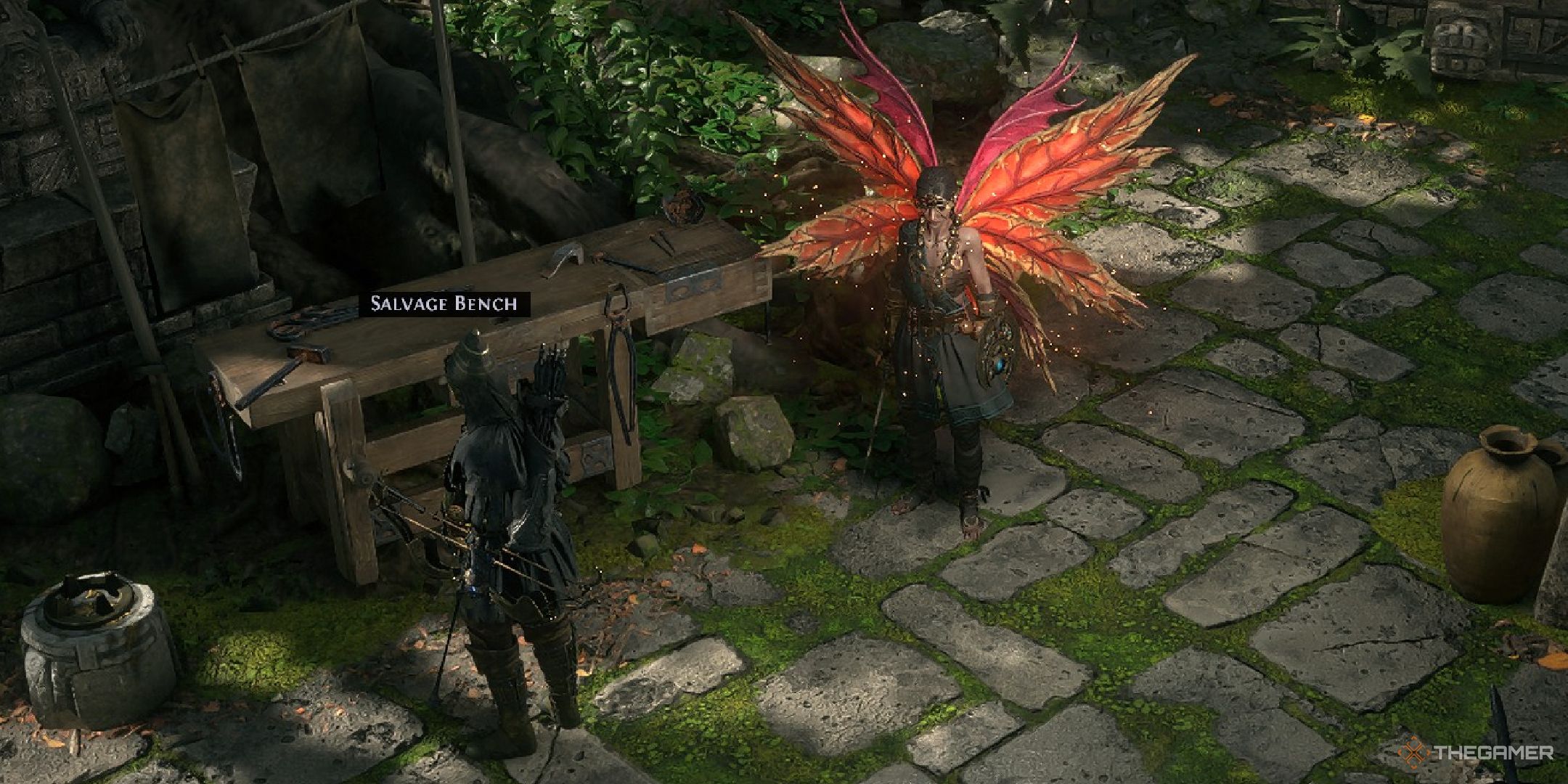 A player standing next to the salvage bench in Act 3, zoomed in.