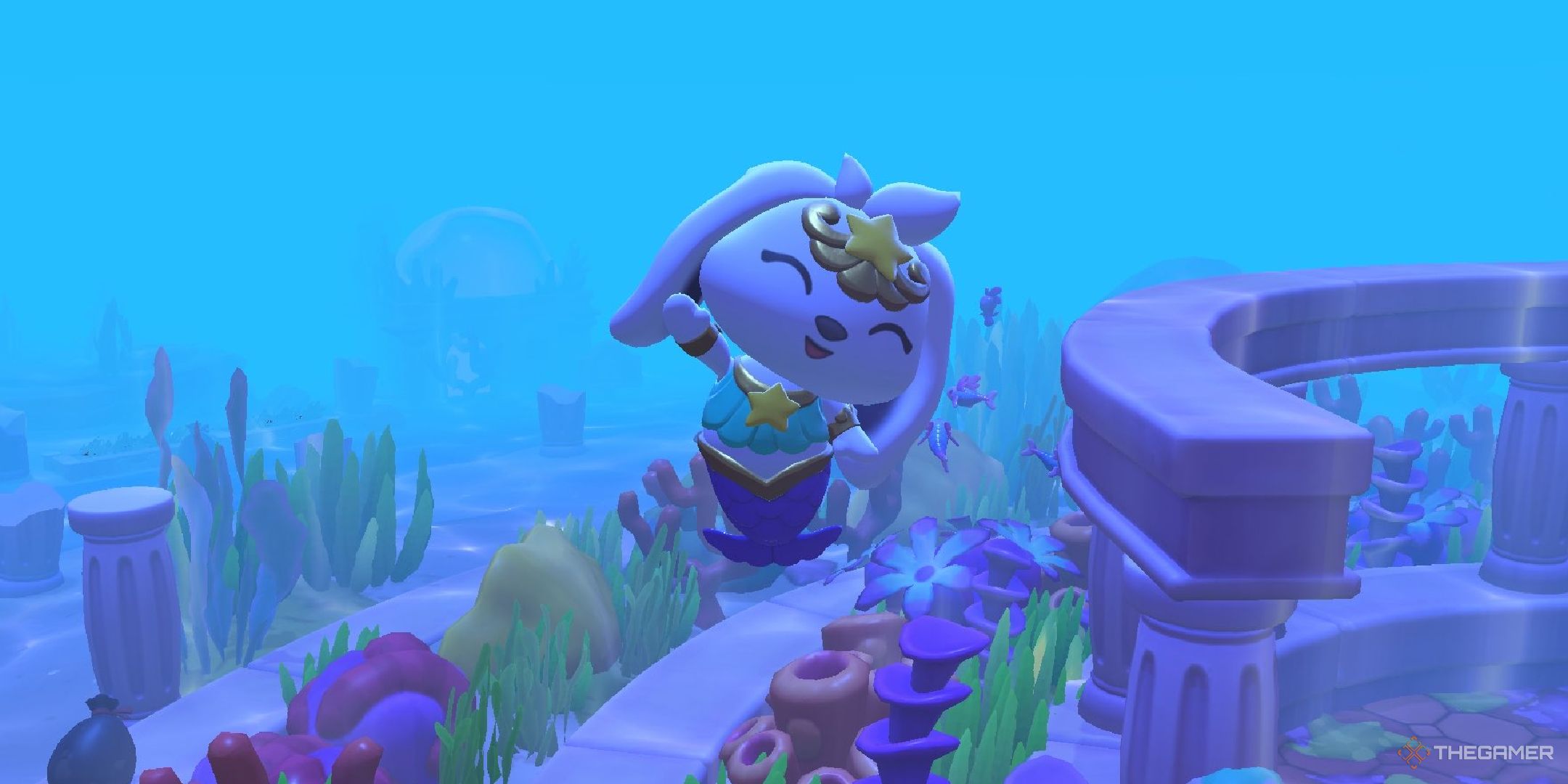 A player waving while wearing the mermaid outfit in Hello Kitty Island Adventure.