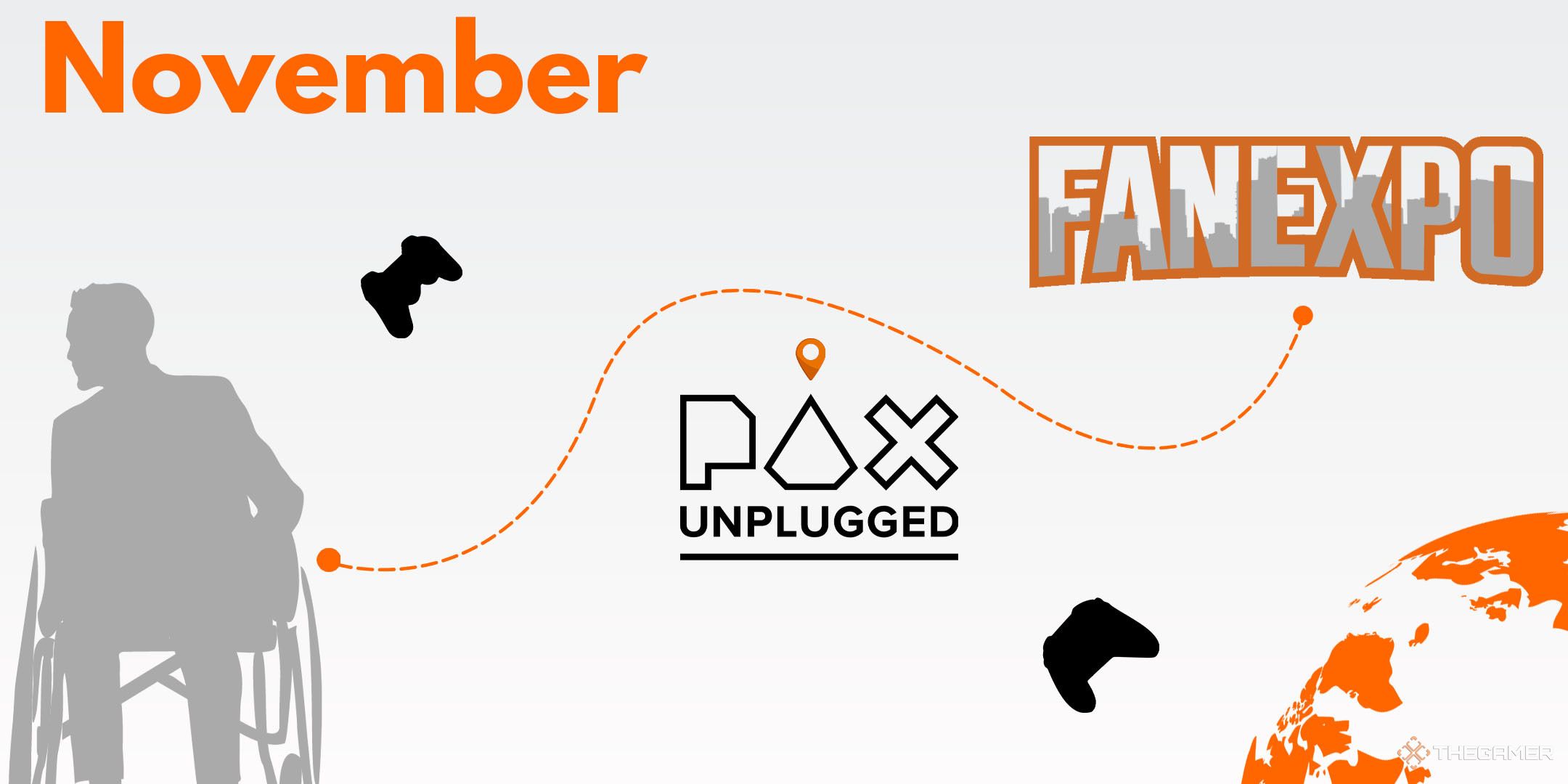 A silhouette of a person in a wheelchair with the logos for video game industry events in November 2025.