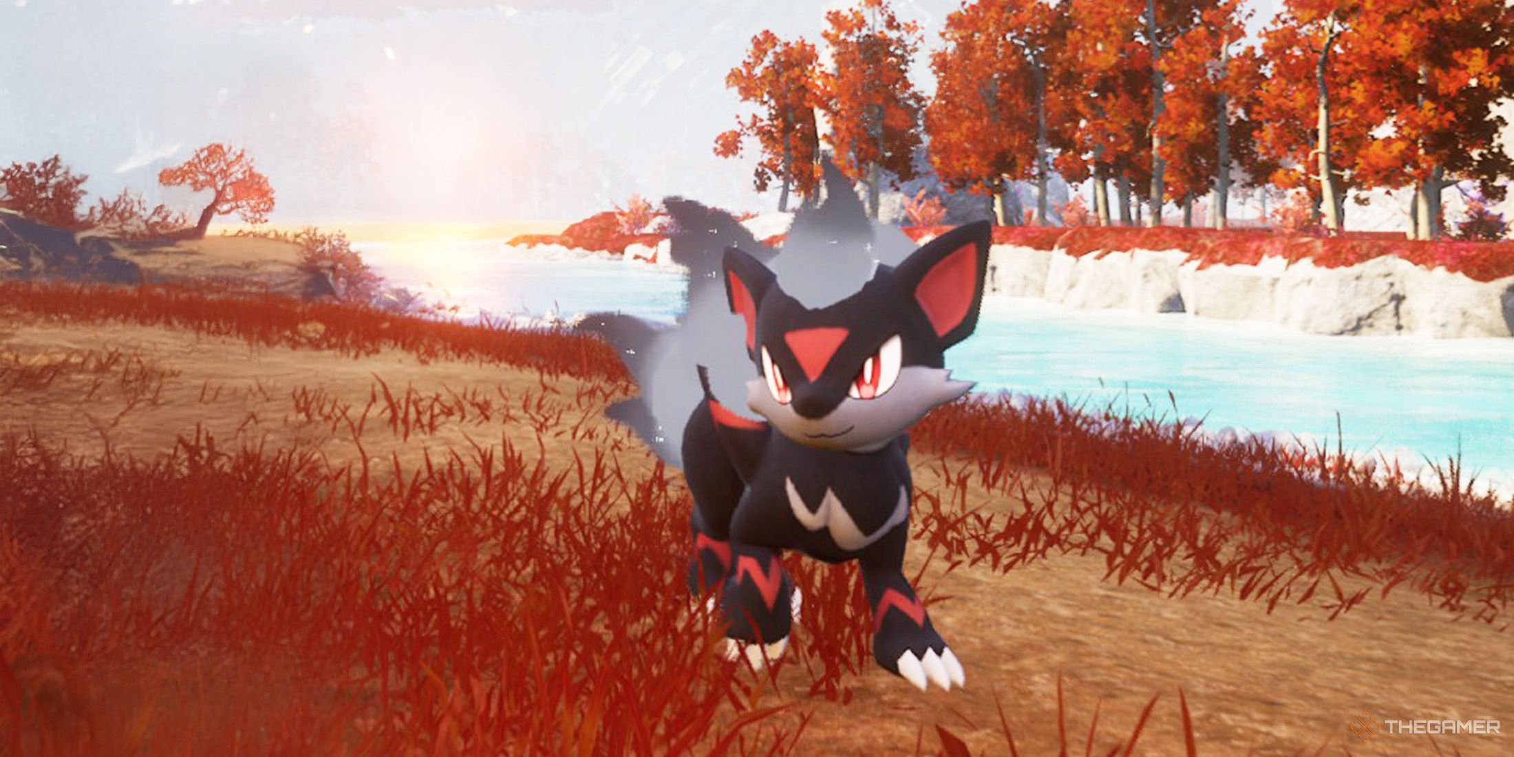 A wild Smokie is watching the player near a river, surrounded by red-colored grass, in Palworld.