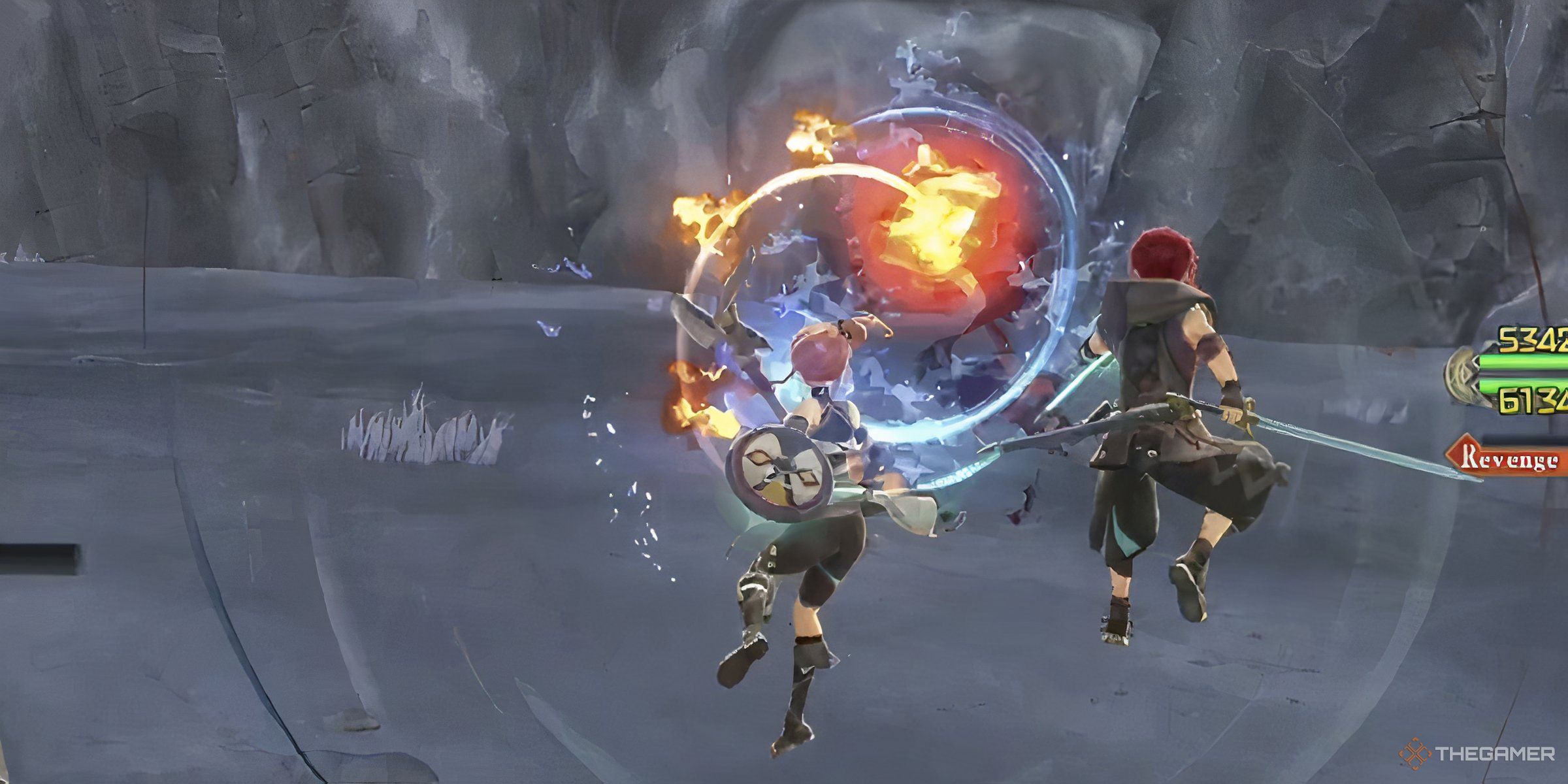 Adol And Karja Firing Two Orbs Of Fire And Water Using The Duo Skill Dueluces Burst In Ys X: Nordics.