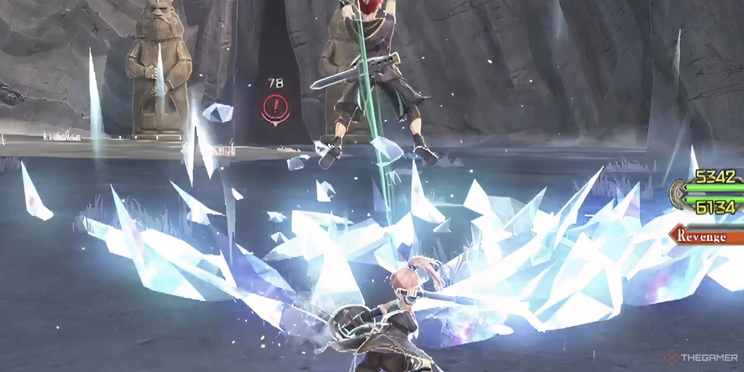 Adol Leaping Up While Karja Freezes The Ground Using The Duo Skill Niflmuspel In Ys X: Nordics.