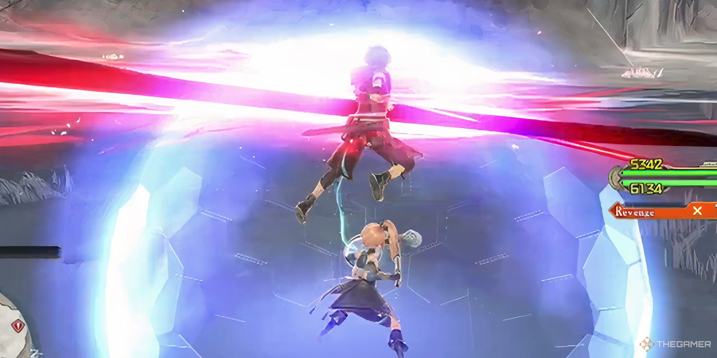 Adol Slashing While Karja Shields Using The Duo Skill Admas Saber In Ys X: Nordics.