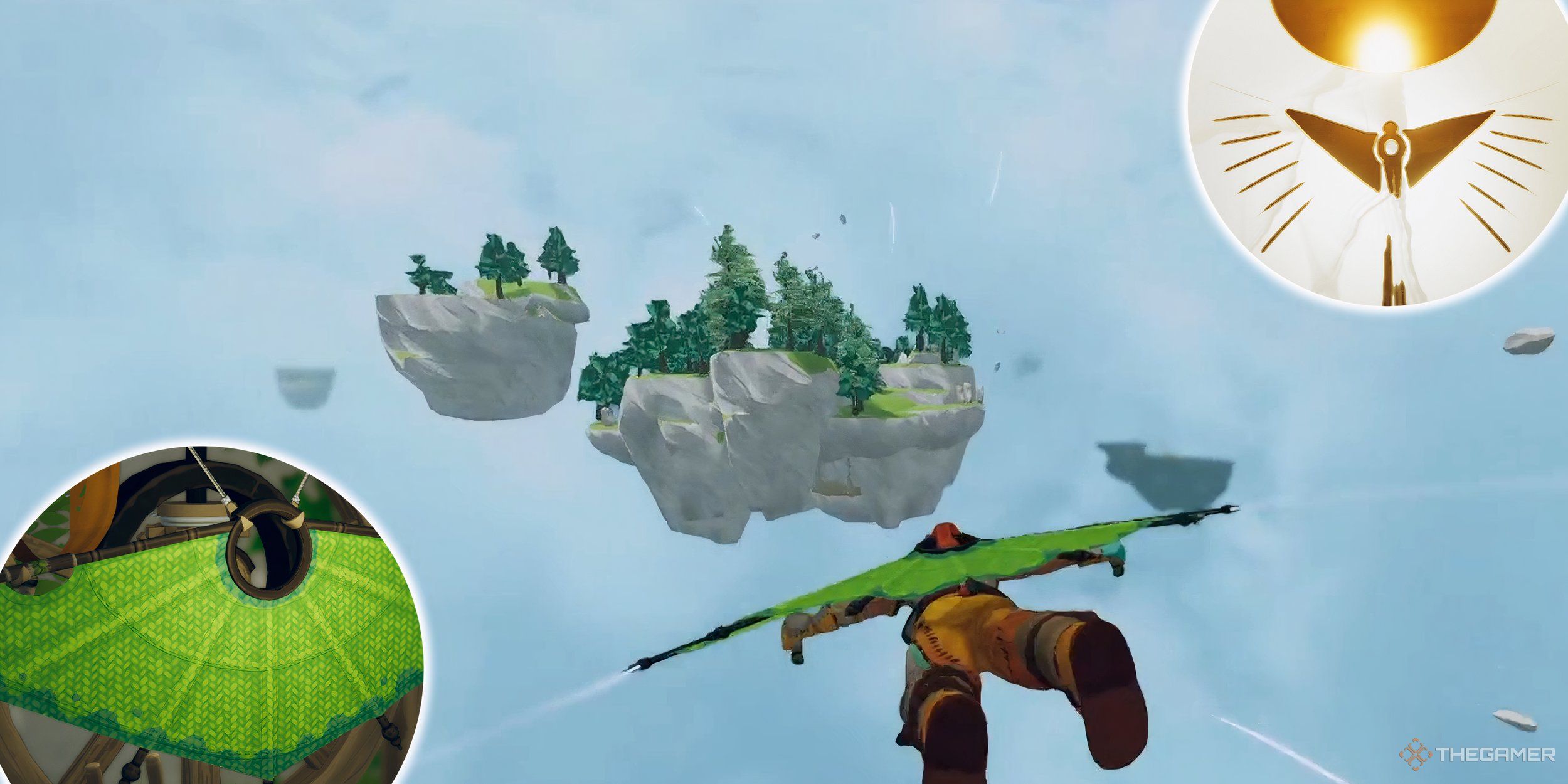 An avatar gliding to a small island with depictions of gliders overlayed.