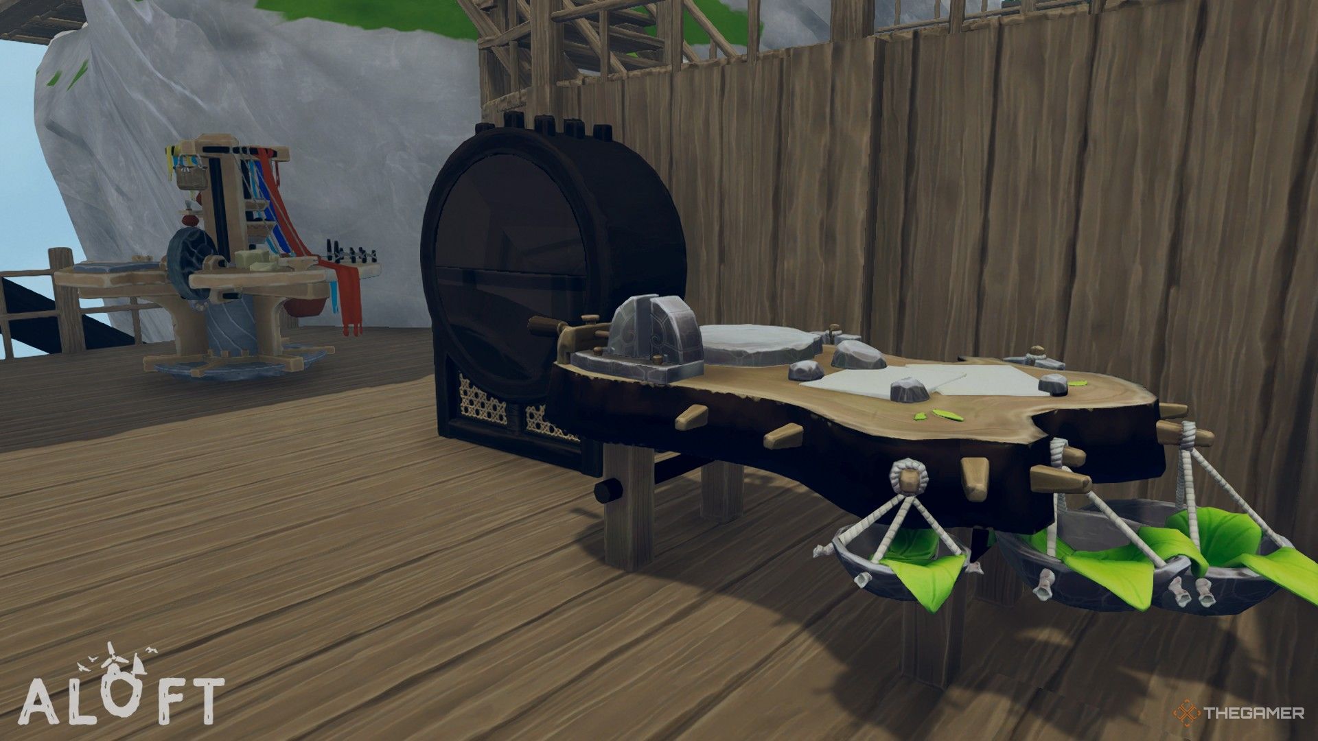 An upgrade station, bone storage, and workbench to make new recipes in Aloft.