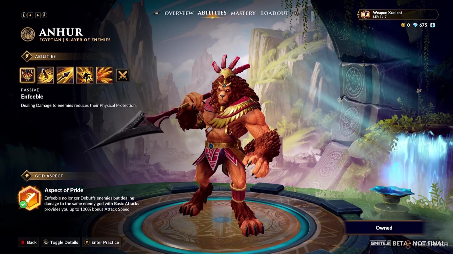Anhur&rsquo;s God Aspect in their ability screen of Smite 2.
