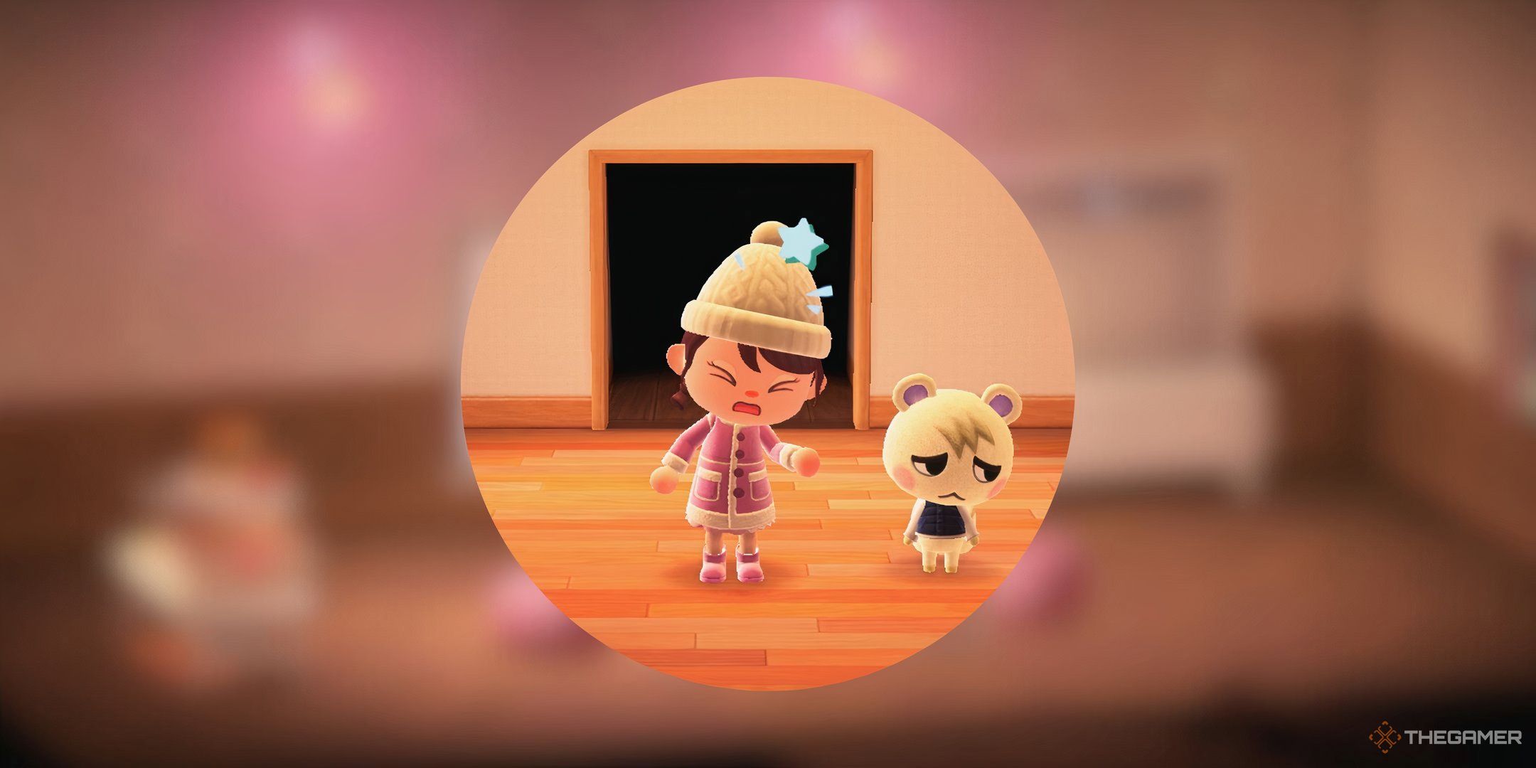 Animal Crossing New Horizons player and Marshal standing together in a blank room expressing dismay on a blurred background.