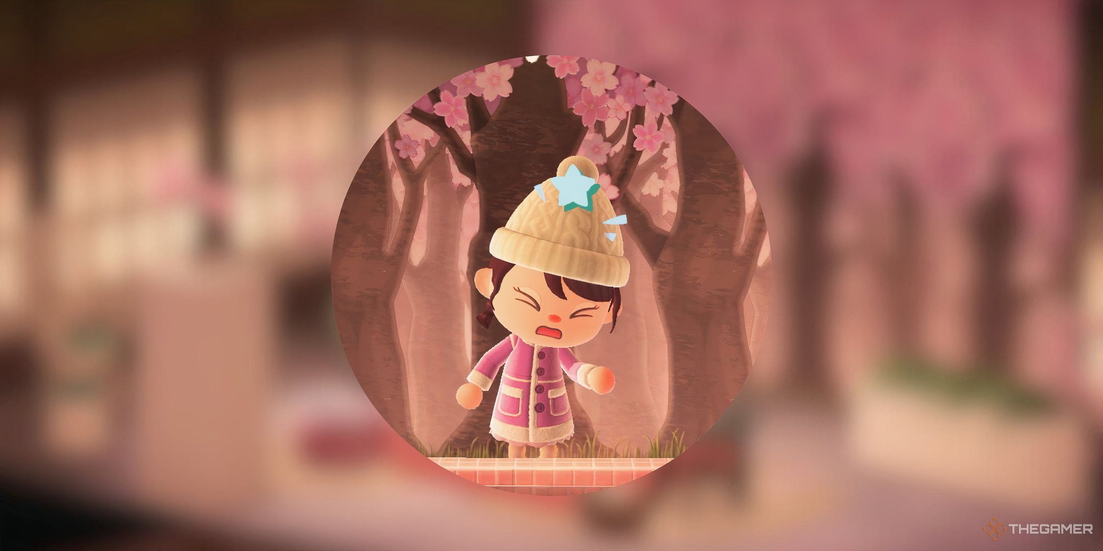 Animal Crossing New Horizons player in a pink room expressing dismay on a blurred background.