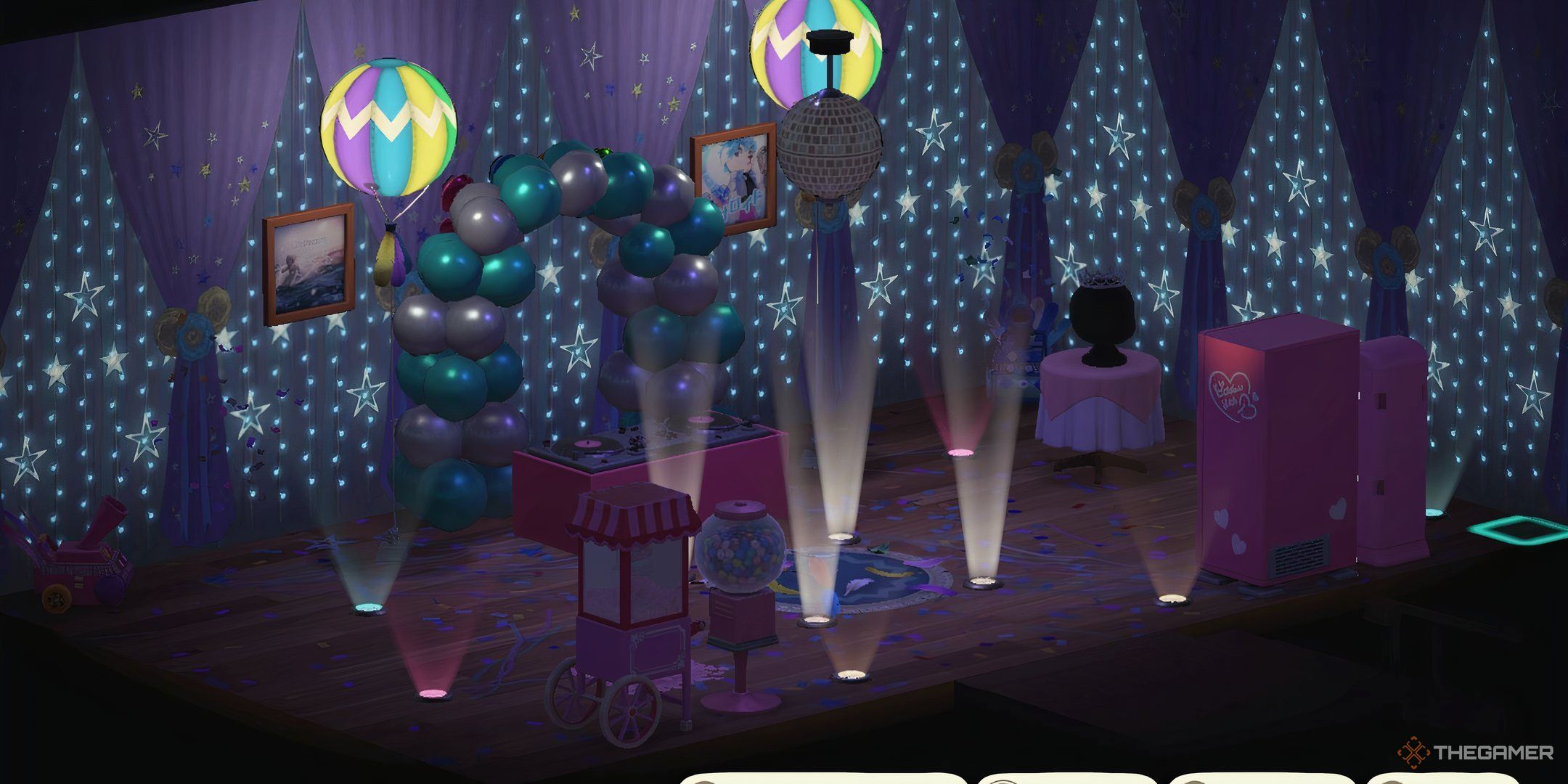 Animal Crossing New Horizons overstra room of a player home who think a prom night with low lighting and many balloons.