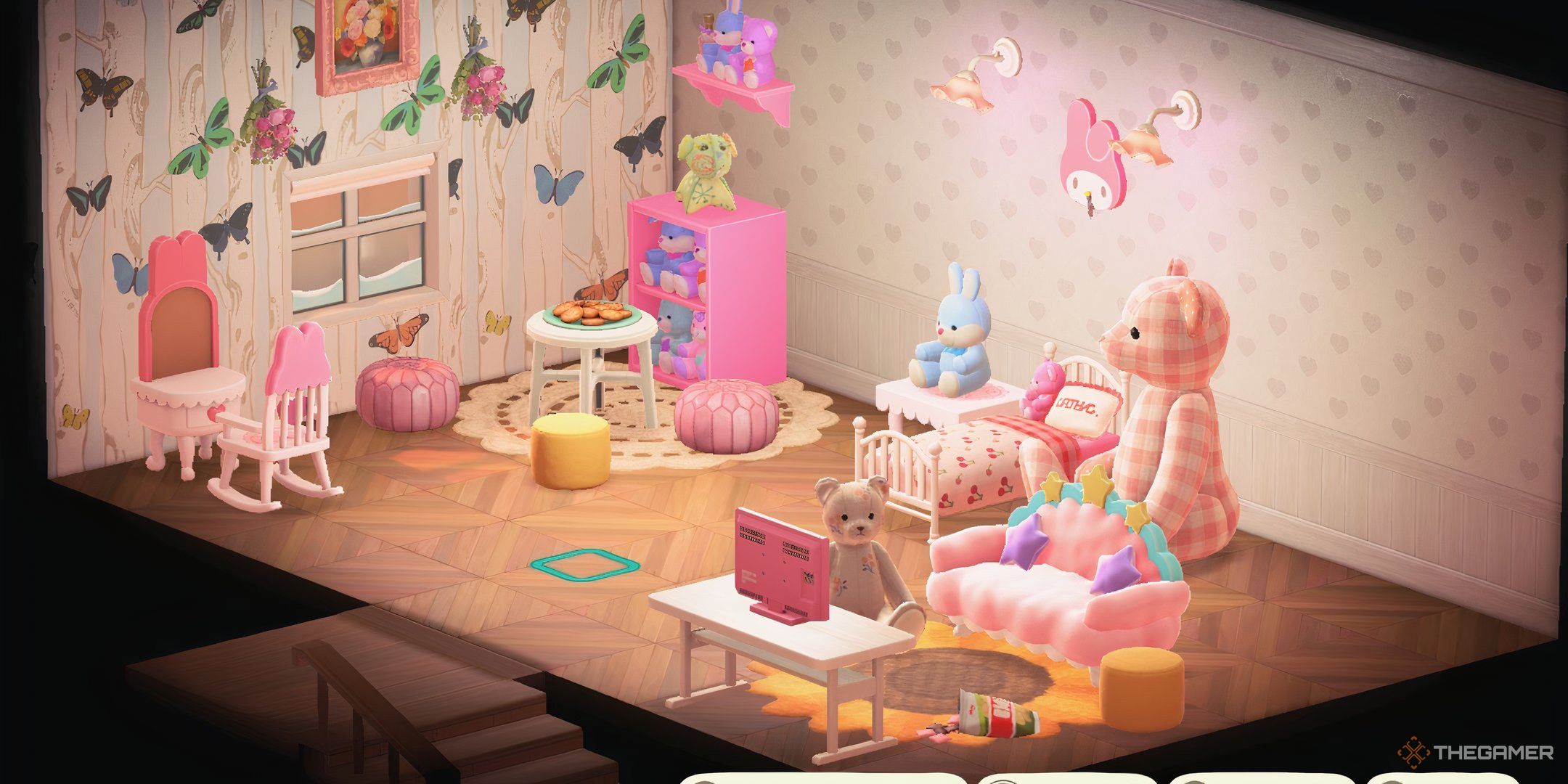Animal Crossing New Horizons overstra space for a player for players with plush toys and white and pink colors.