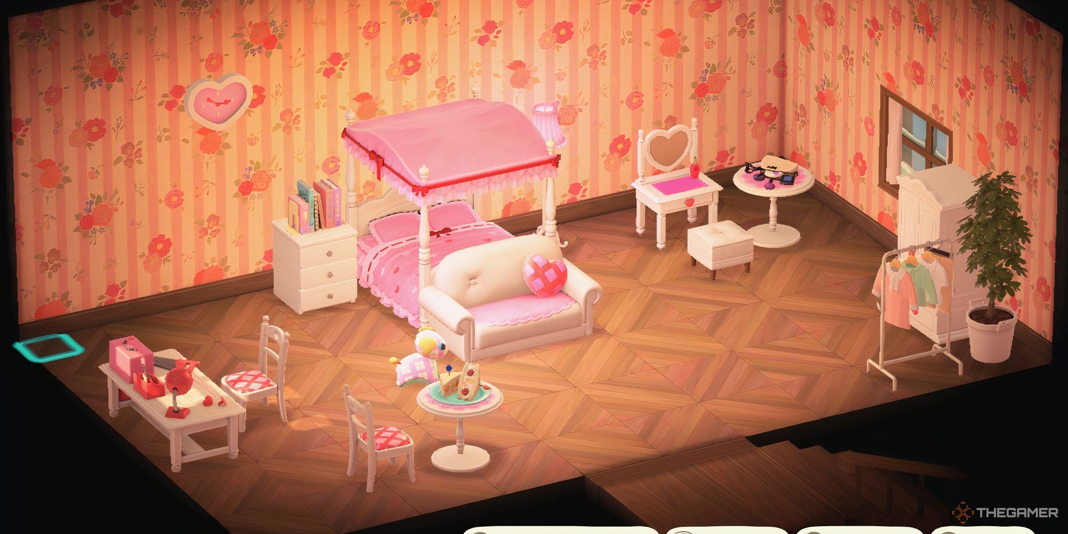 Animal Crossing New Horizons overstra room of a player home that shows a bedroom with the cute set in white and pink.