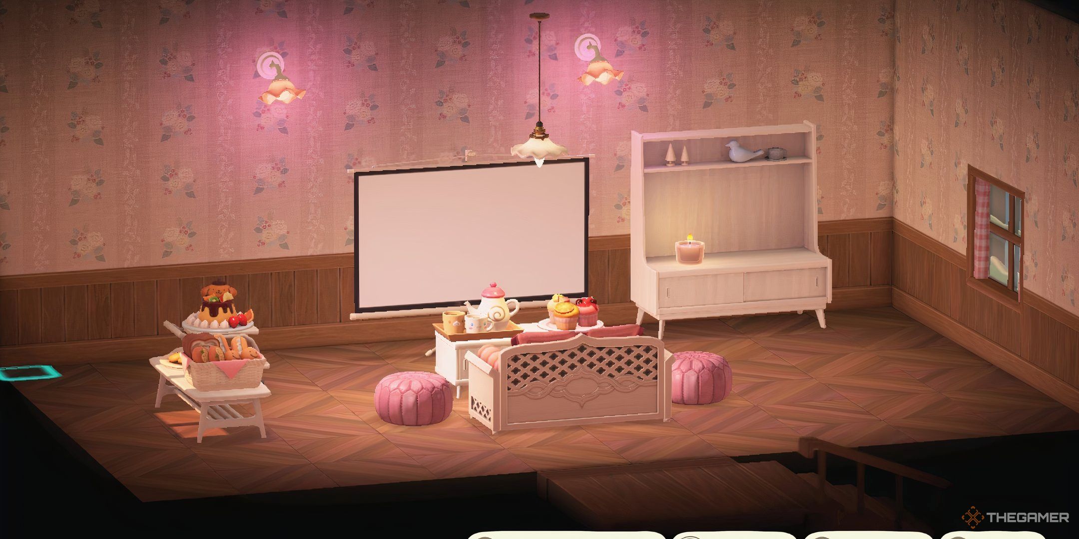 Animal Crossing New Horizon's overthrown from a player home with furniture for a film evening with a large projection screen.