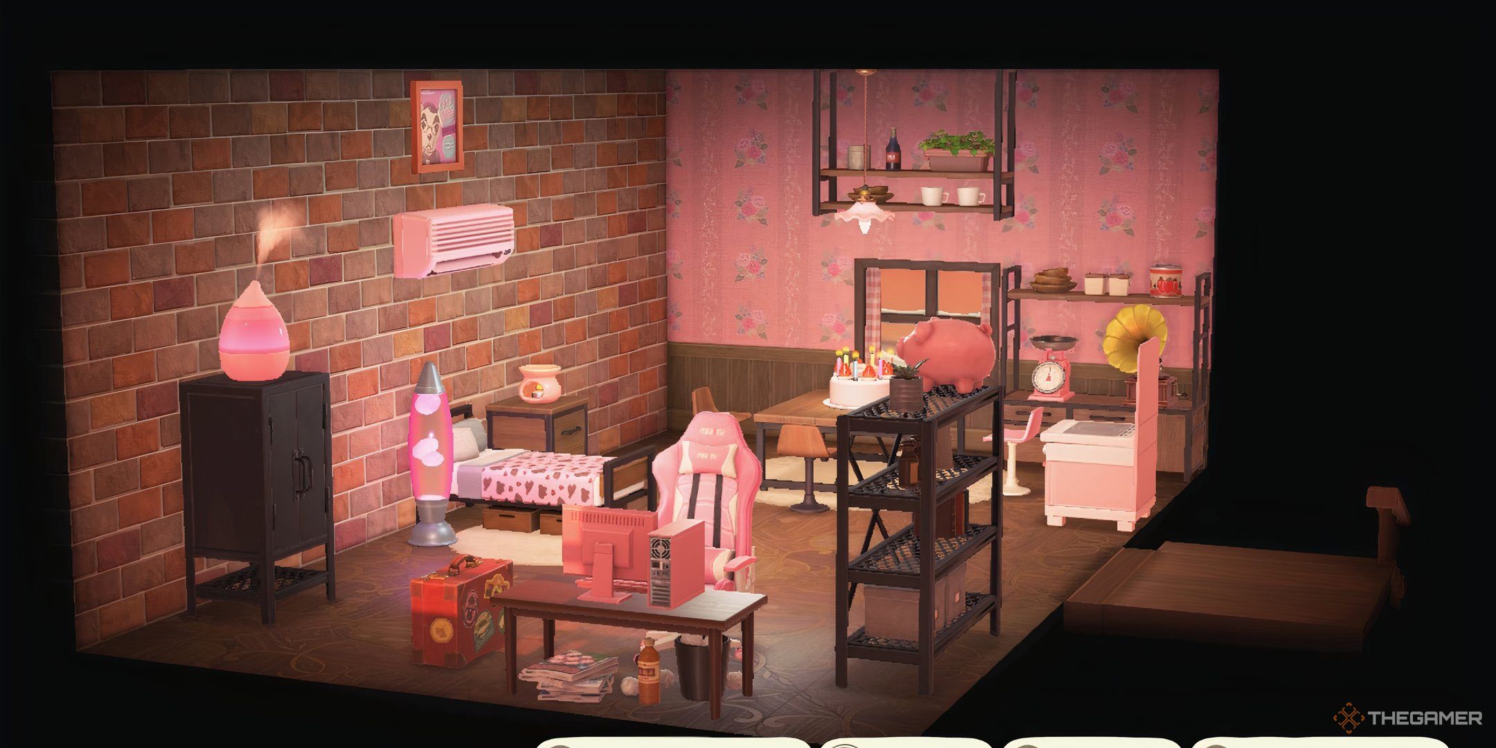 Animal Crossing New Horizon's space of a player with industrial furniture with pink touches and decor in the entire room.