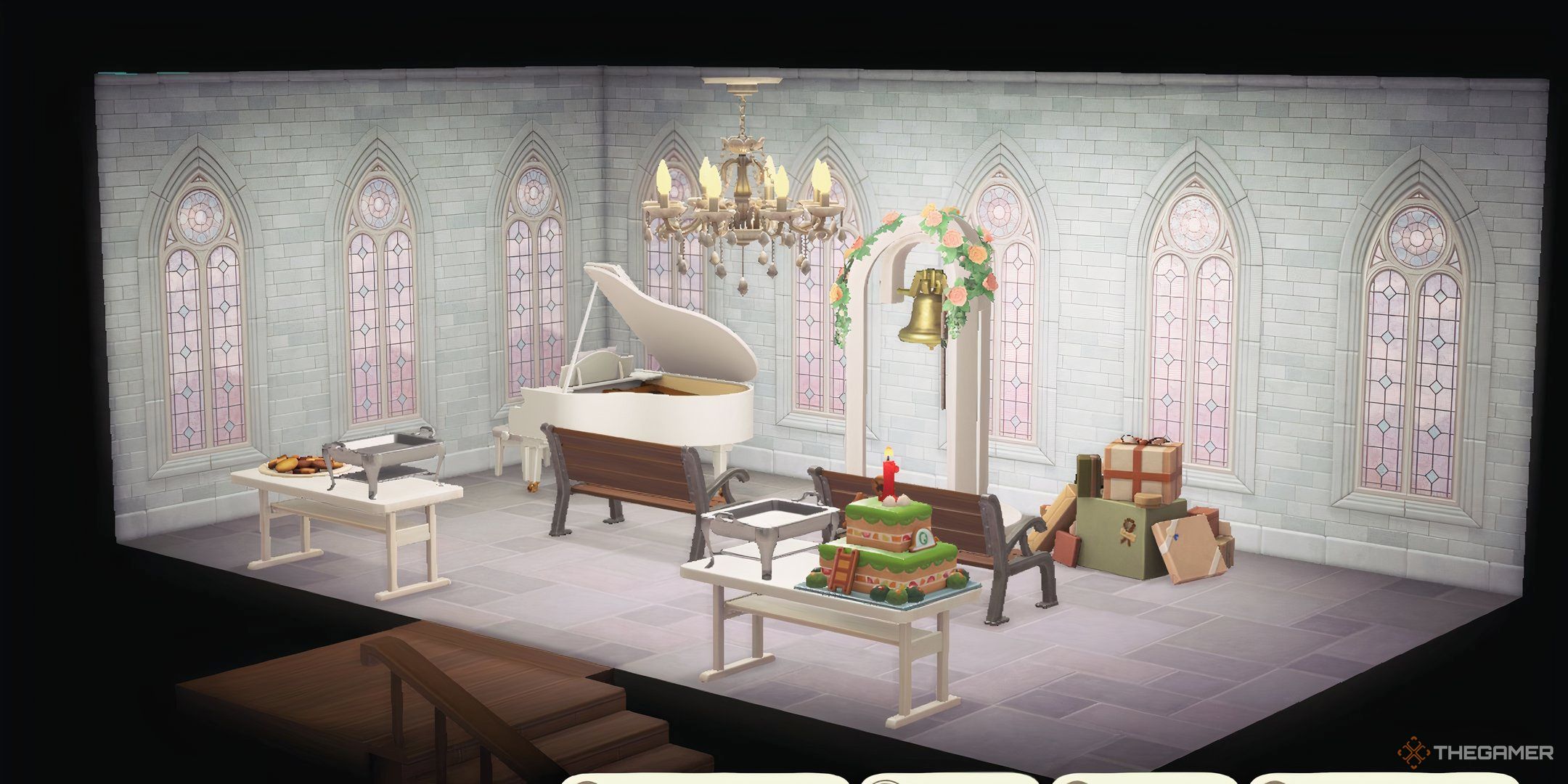 Animal Crossing New Horizons overstra room of a player home with a scene who think a wedding day.