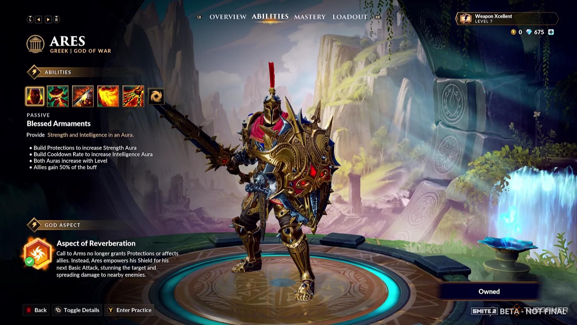 Ares' God Aspect in their ability screen of Smite 2.