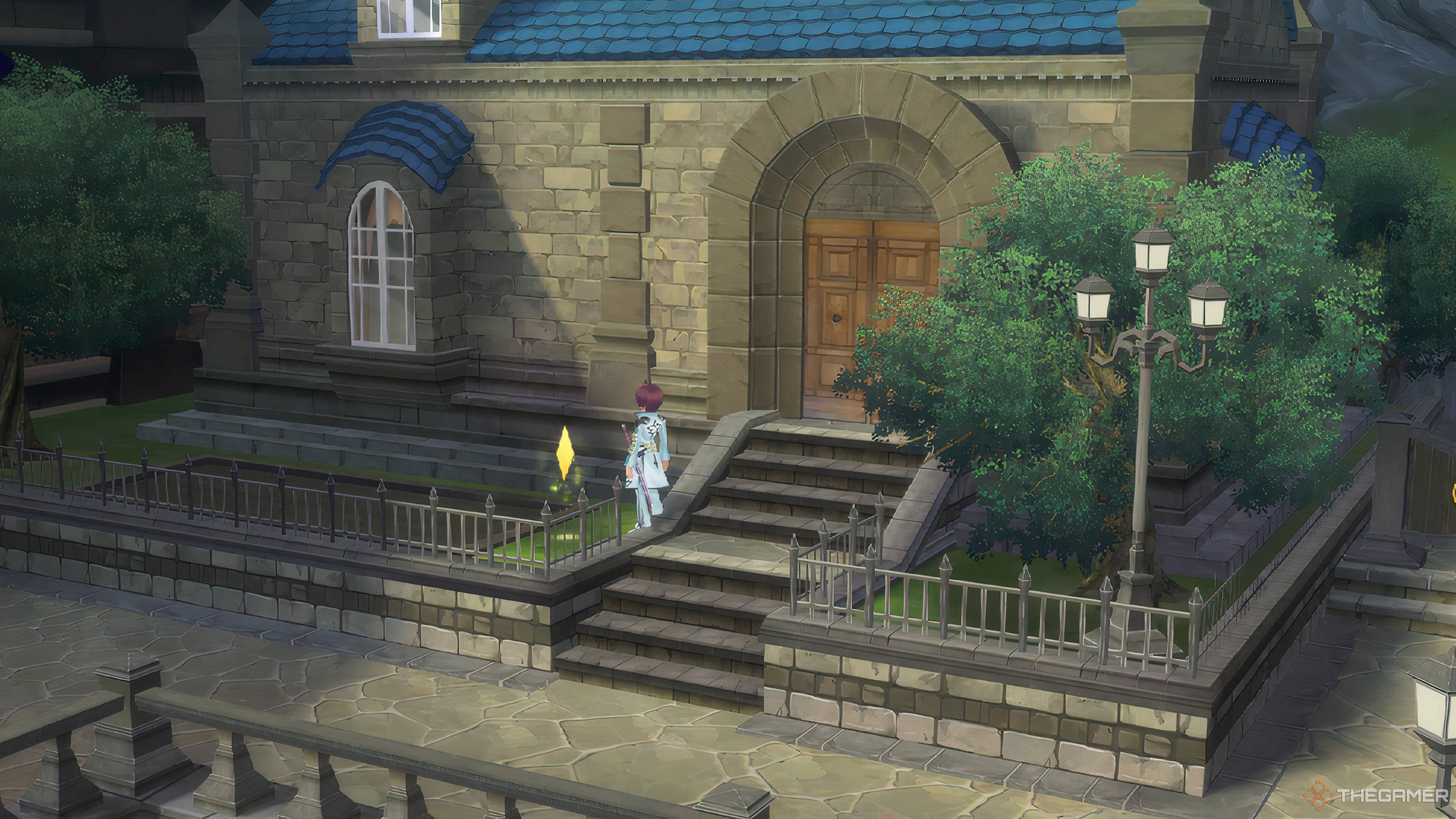 Asbel investigates the flowerbed outside of Cheria's house in Tales of Graces f Remastered