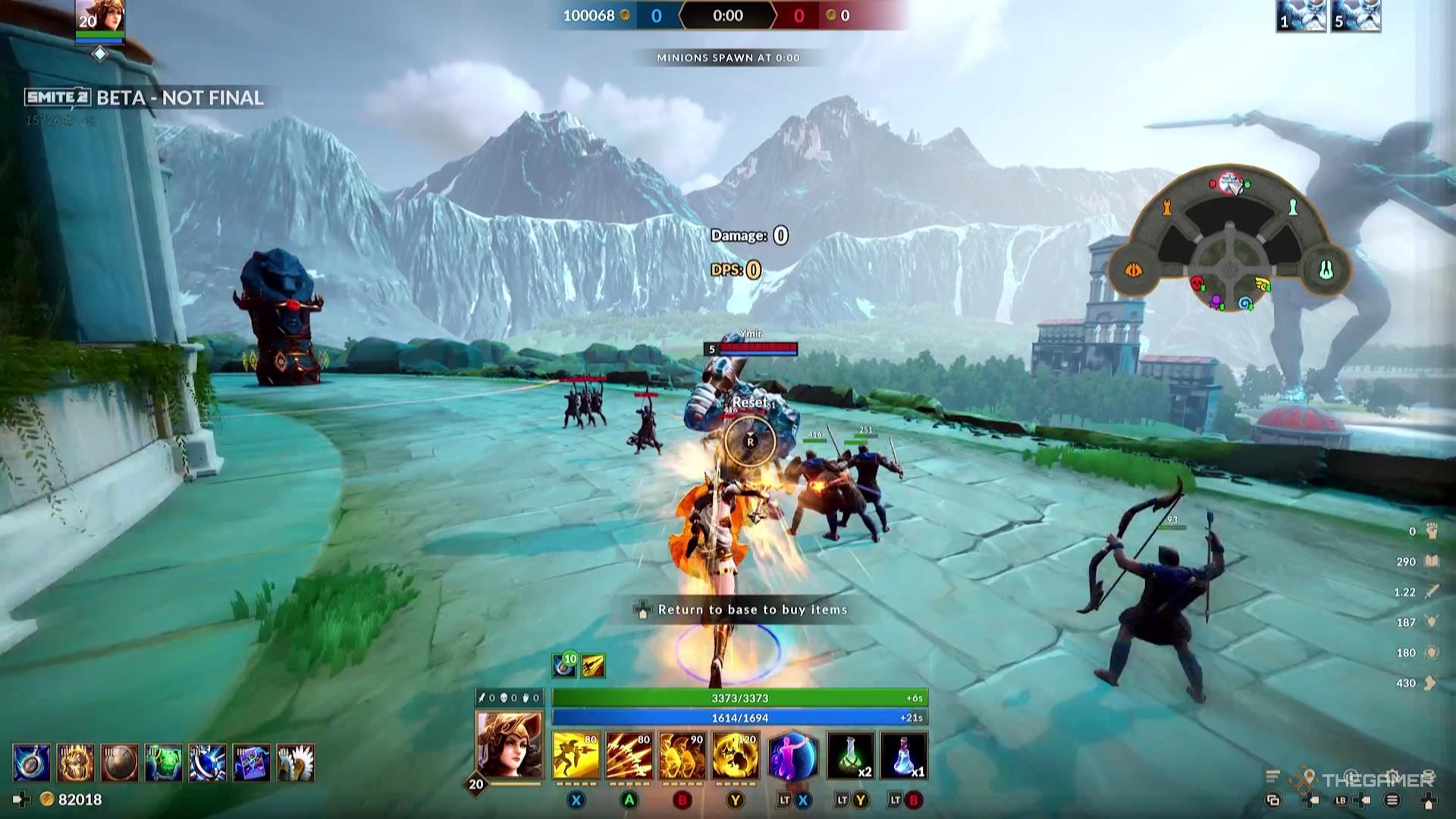 Athena charges toward an enemy with her Preemptive Strike ability in Smite 2.