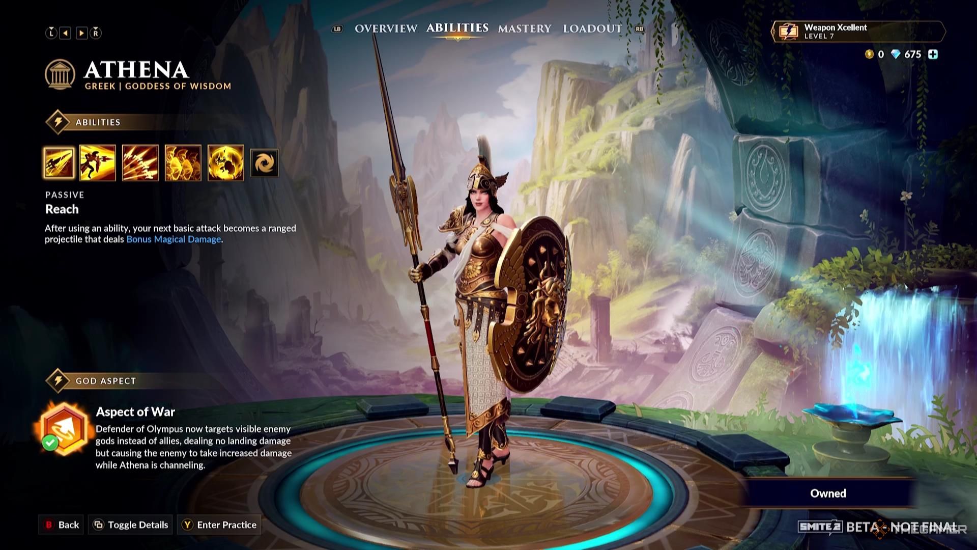 Athena&rsquo;s God Aspect in their ability screen of Smite 2.