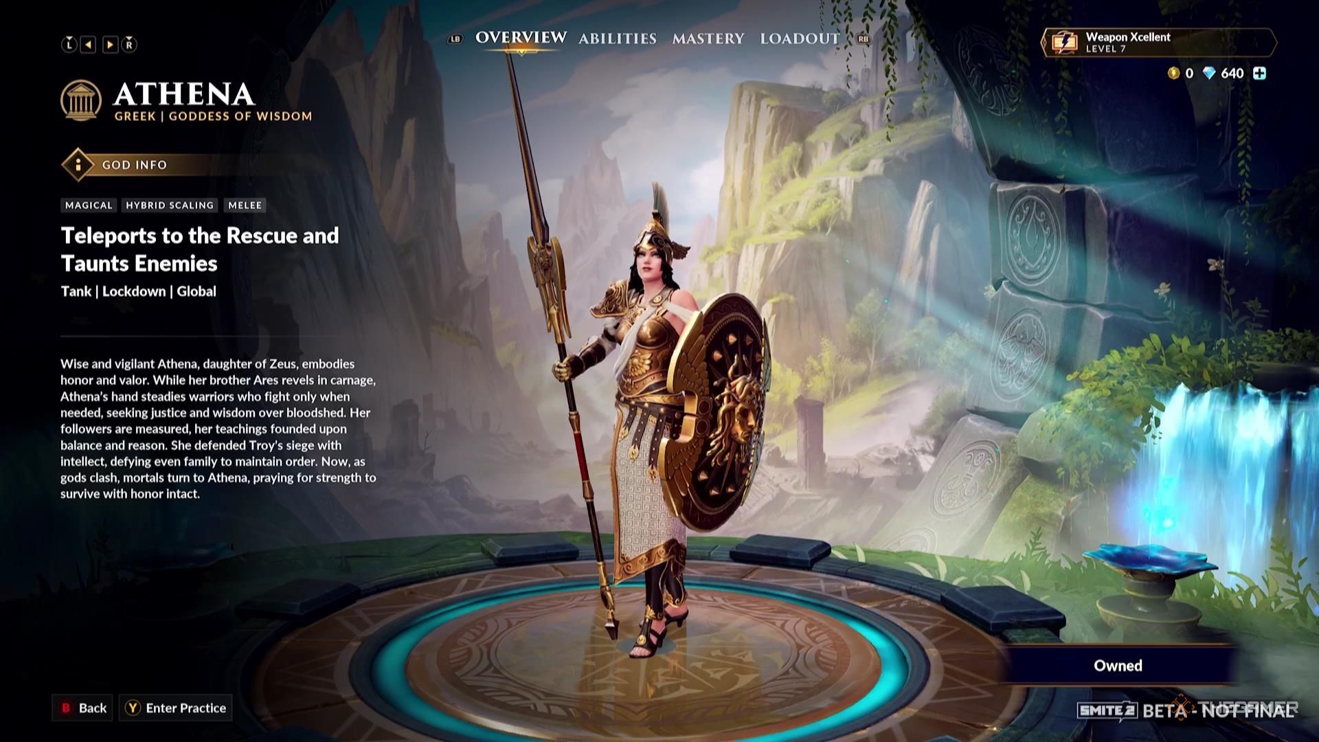 Athena stands on a pedestal in Smite 2.