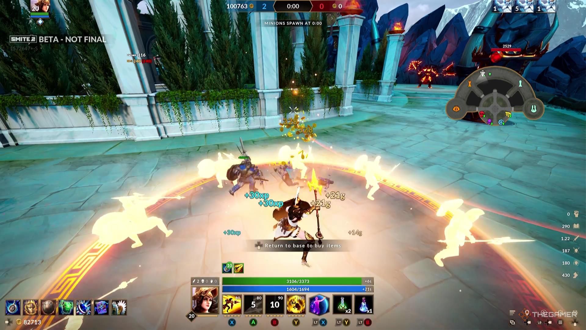 Athena uses her Shield Wall ability to defeat multiple enemy minions in Smite 2.