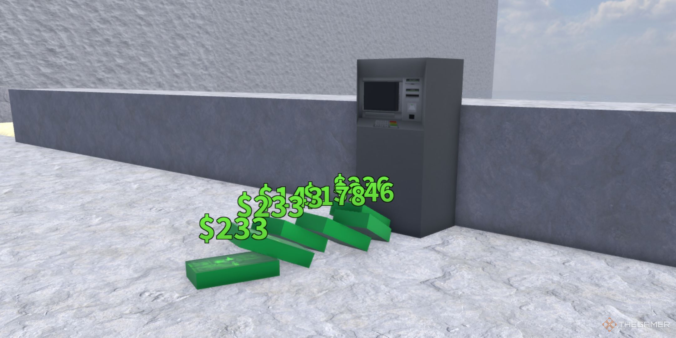 Some money lies down on the floor next to the ATM in Baddies.