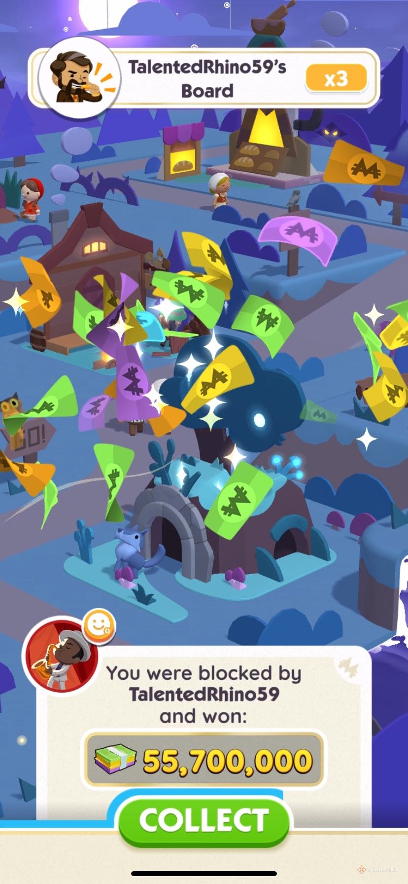 حمله به بازیکن دیگری در حالت Shutdown در طول مسابقات Snowball Smash در Monopoly Go.