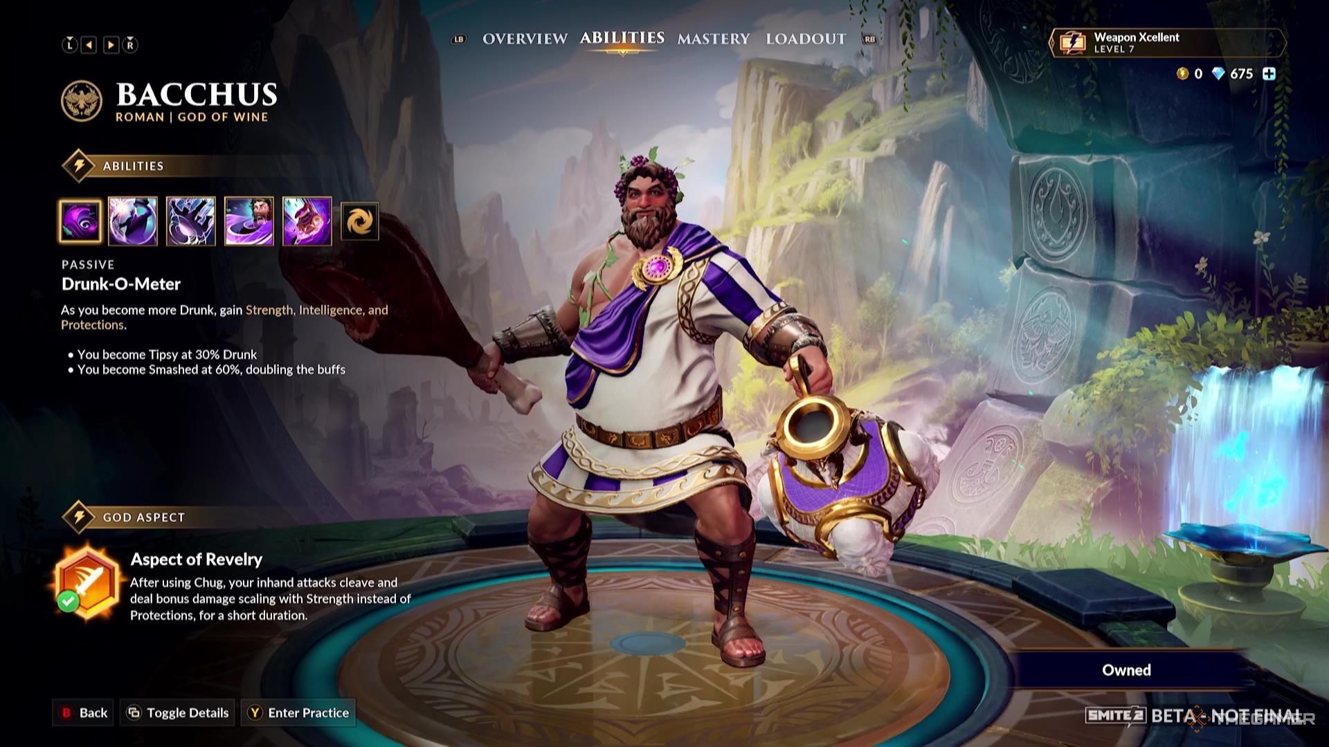 Baccus' God Aspect in their ability screen of Smite 2.