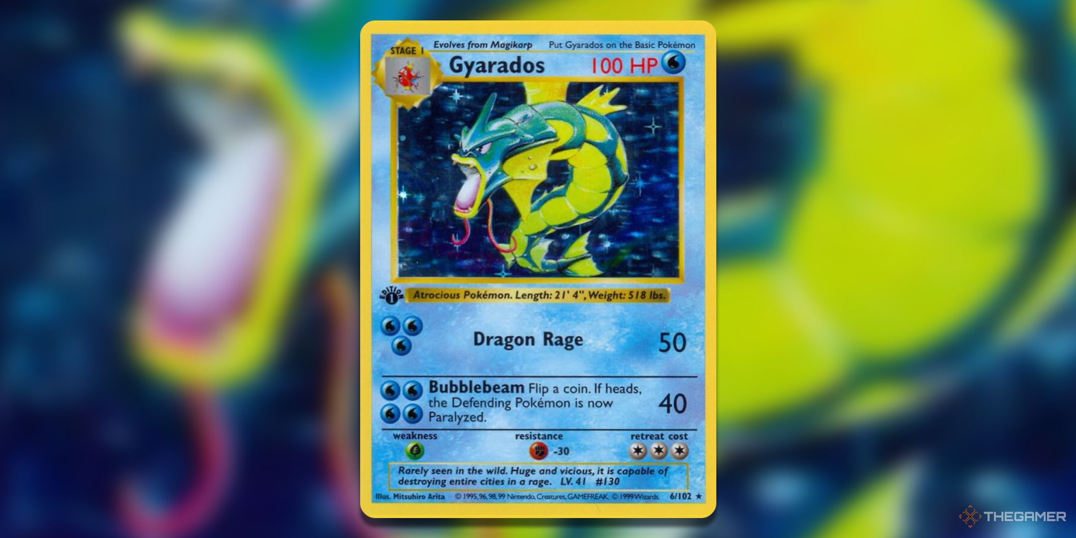 Base set Gyarados 1st edition Pokemon TCG card art.