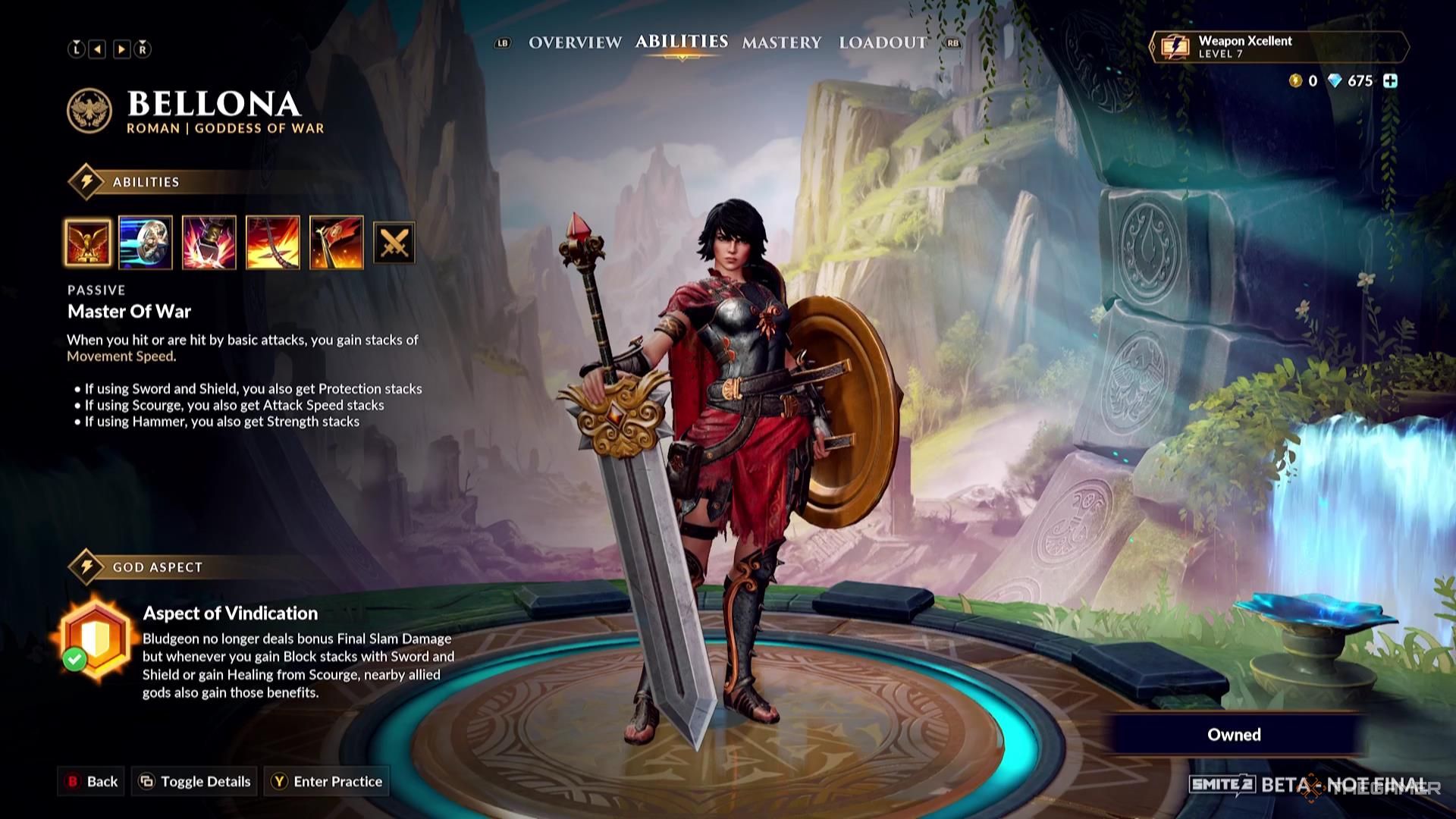 Bellona&rsquo;s God Aspect in their ability screen of Smite 2.