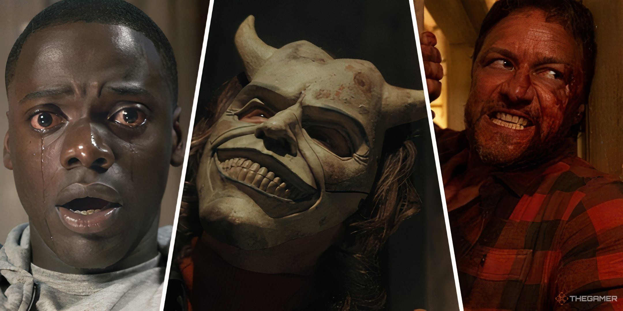 Three-image collage of Daniel Kaluuya's character in Get Out, Ethan Hawke's character in The Black Phone, and James McAvoy's character in Speak No Evil.