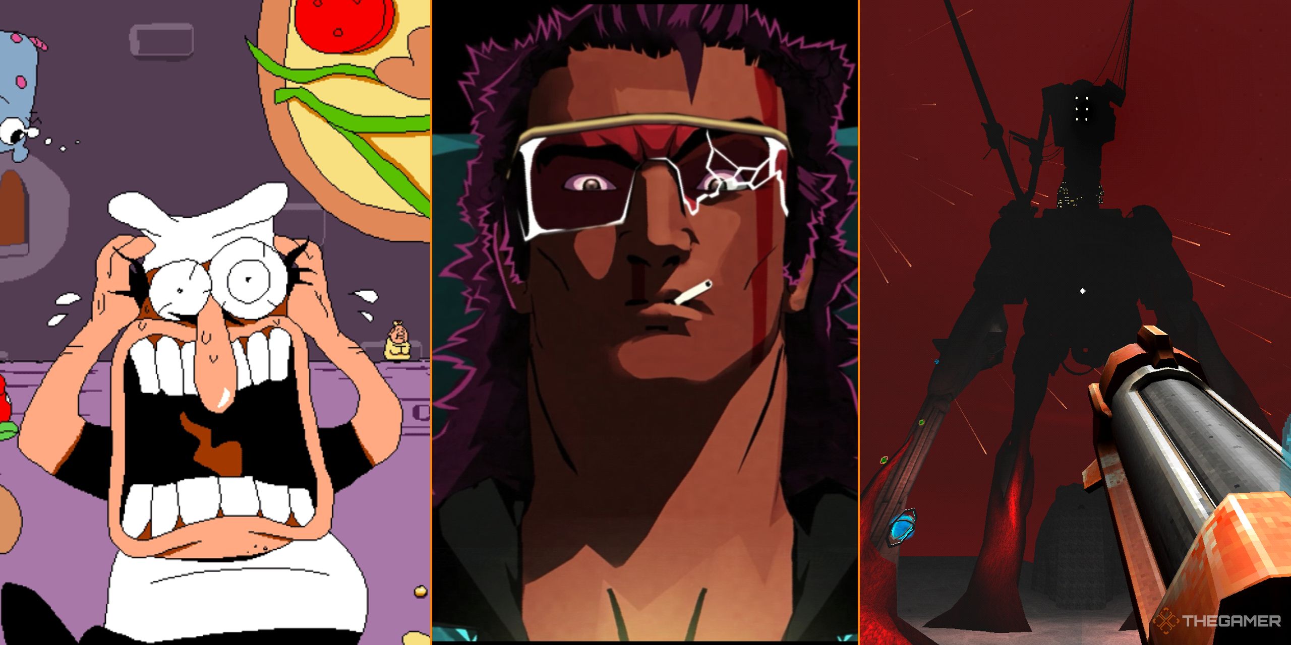 A collage of best fast-paced indie games with Pizza Tower, Mullet Madjack and Ultrakill from left to right. 