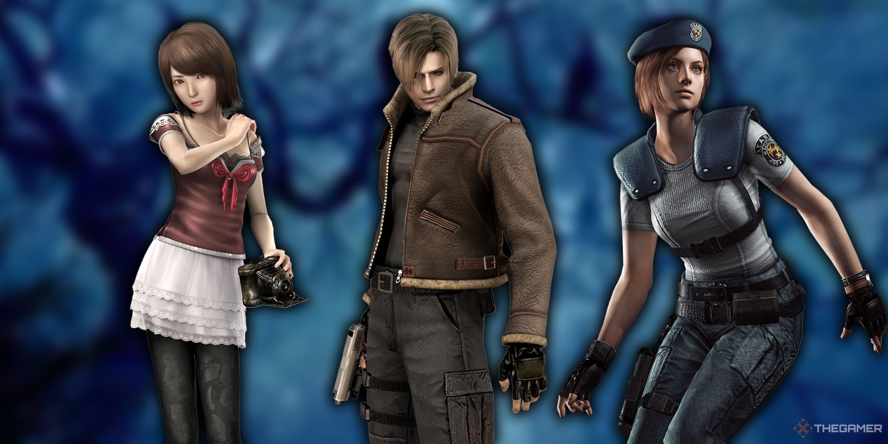 Mio Amakura, Leon Kennedy, and Jill Valentine standing in a dark forest.