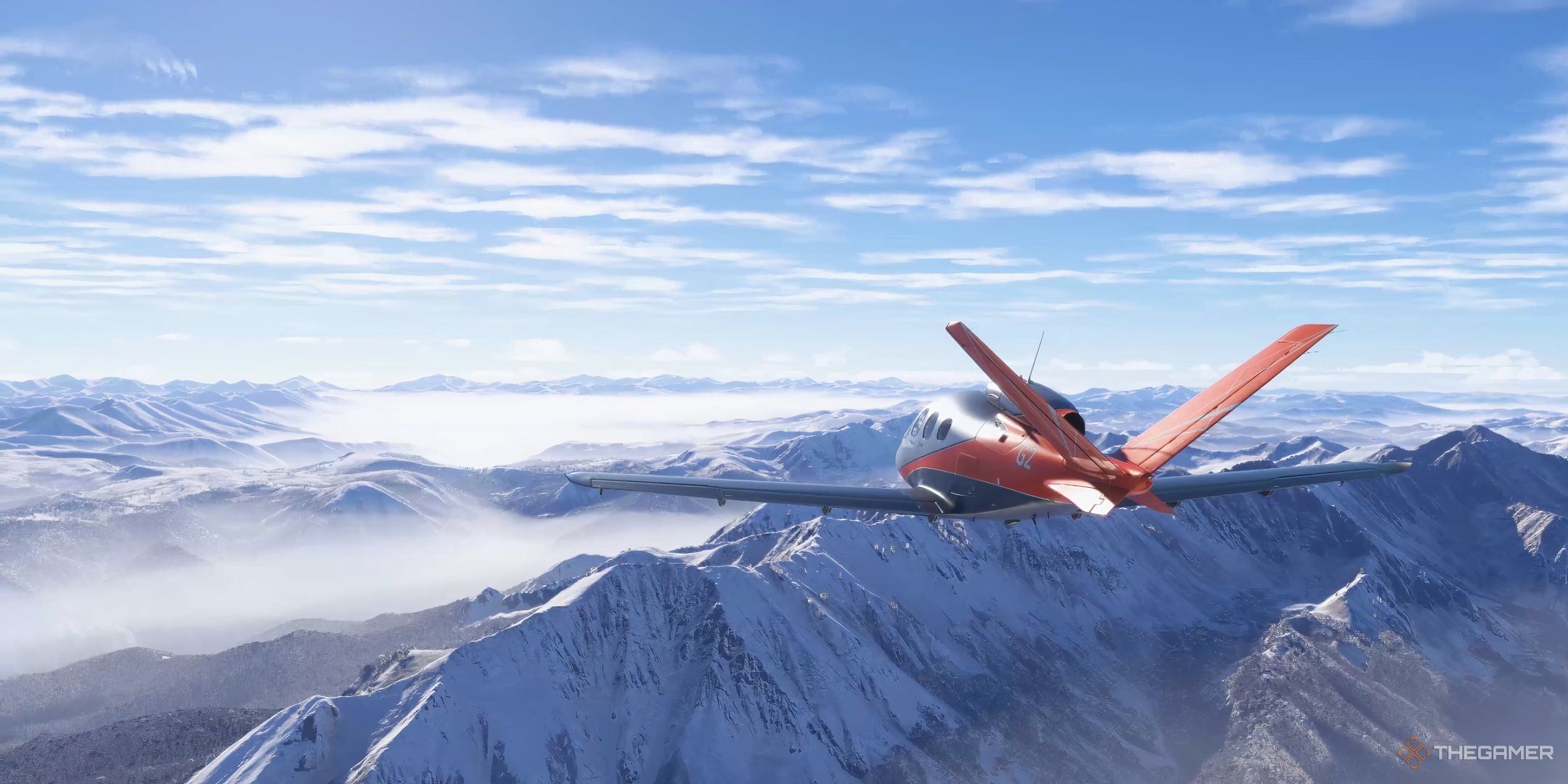 A light aircraft flying over ice-capped mountains in Microsoft Flight Simulator 2024.