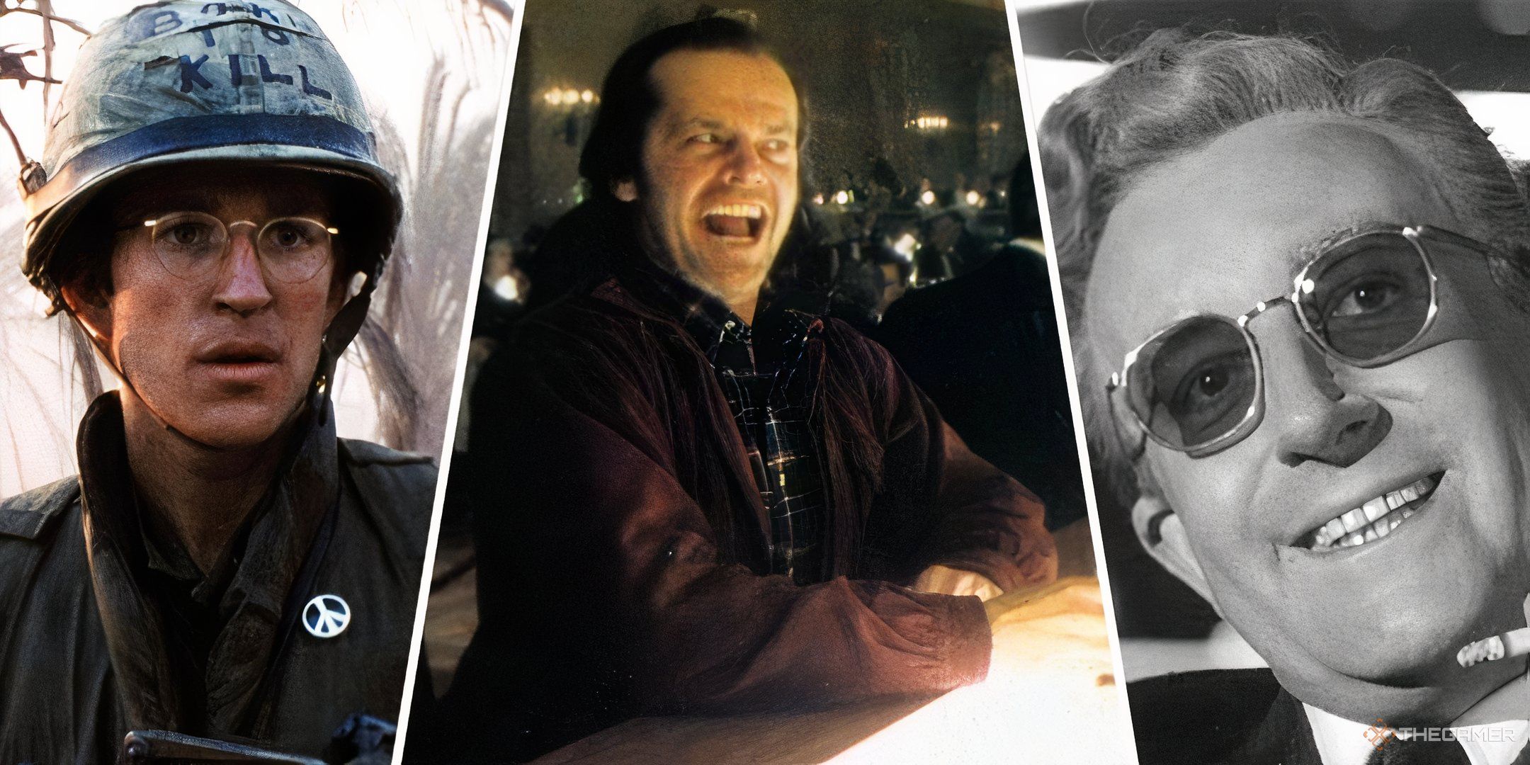 Best Stanley Kubrick Movies Feature Image with Matthew Modine in Full Metal Jacket, Jack Nicholson in The Shining, and Peter Sellers in Dr. Strangelove.