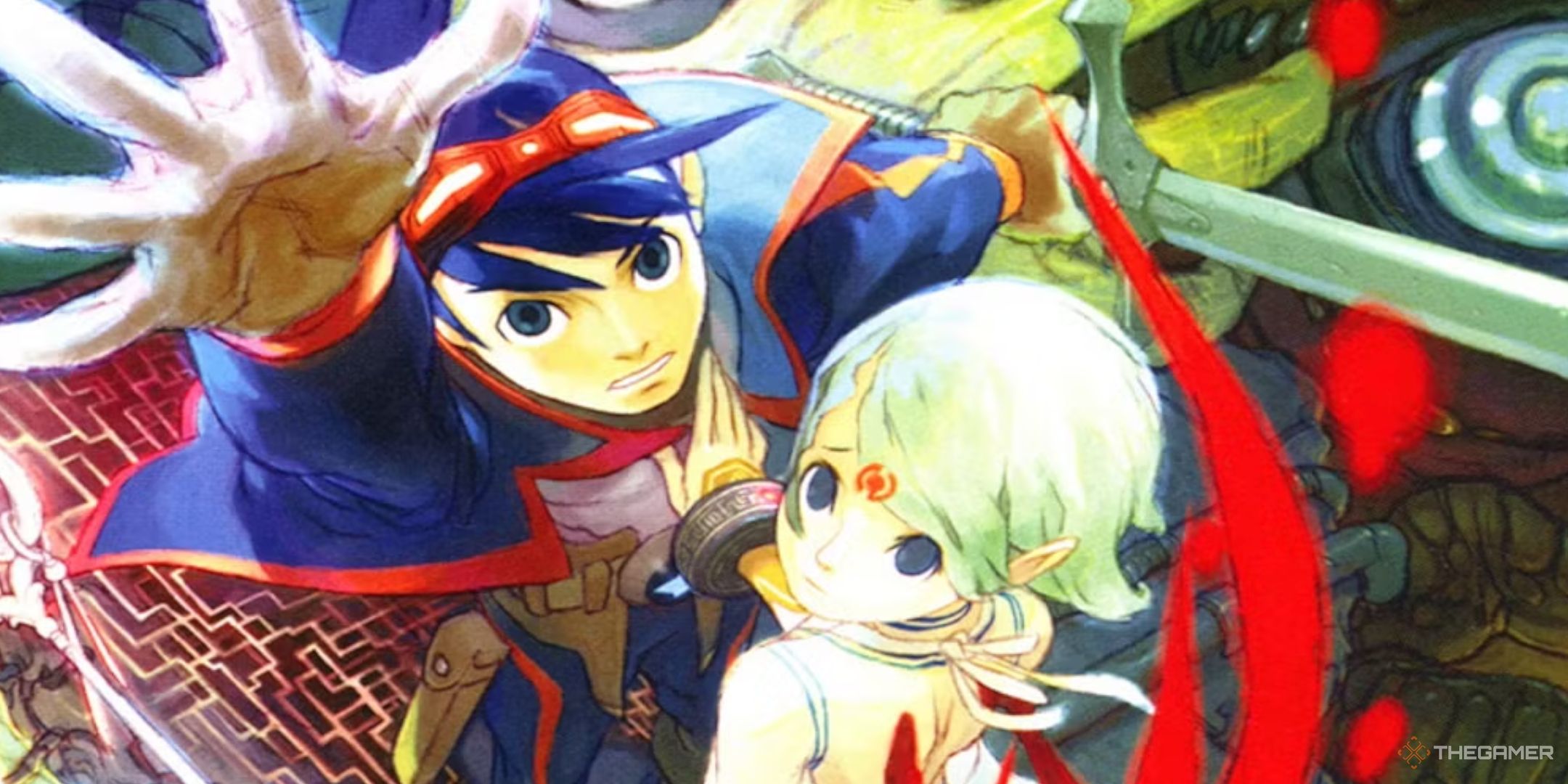 Breath of Fire Dragon Quarter. Official art depicting Ryu and Nina reaching up toward the heavens.