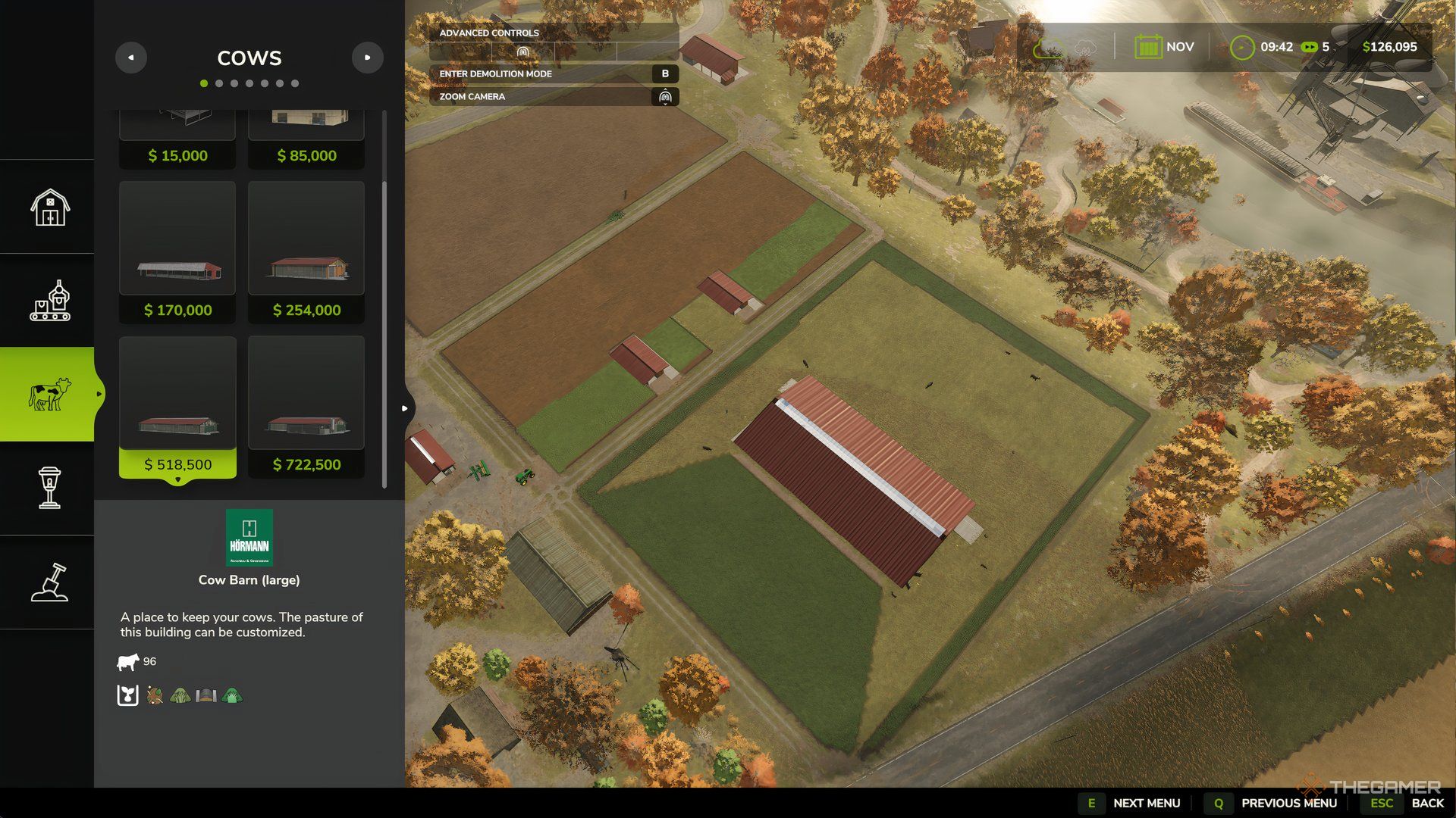 منوی ساخت در Farming Simulator 25 که مرتع گاو را از نمای آریال نشان می دهد.