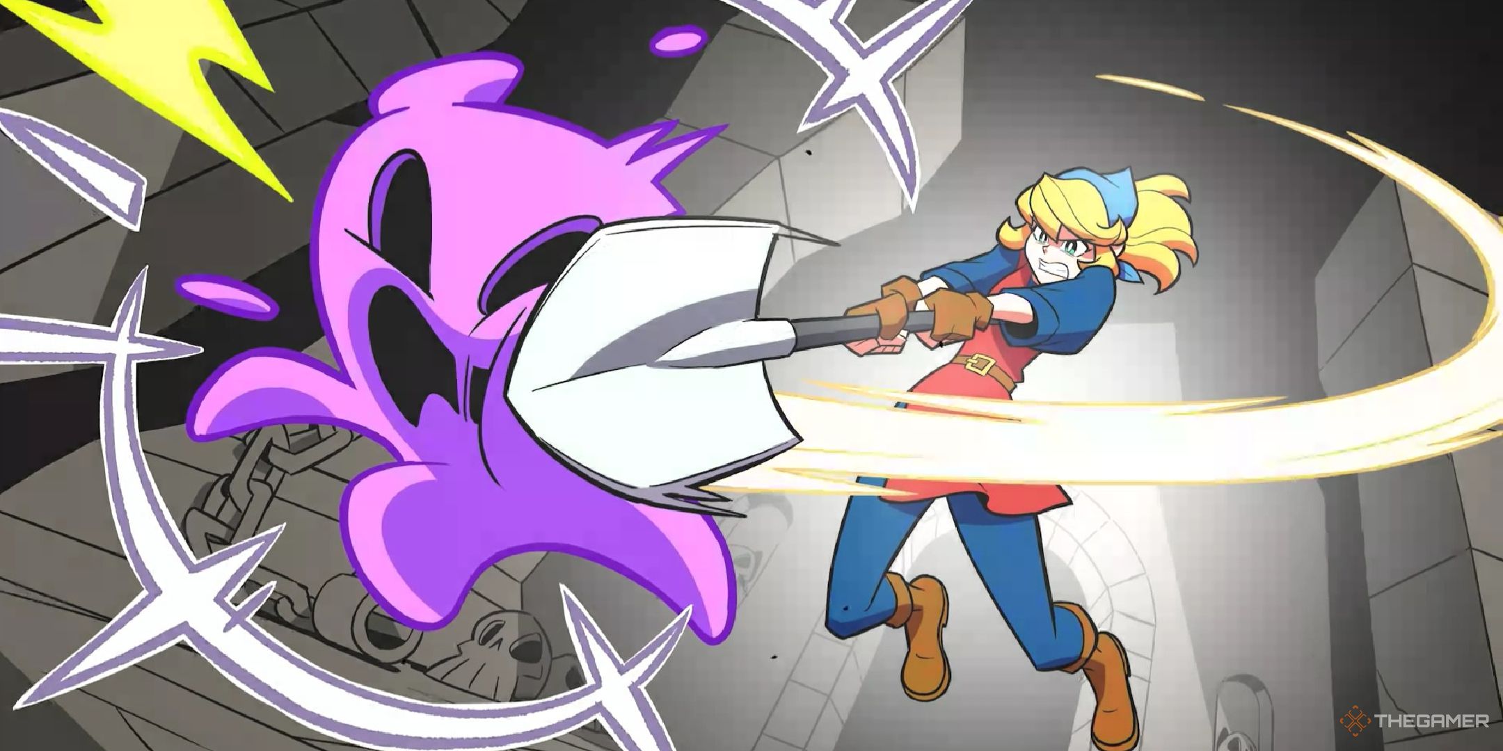 Cadence hitting a slime with a shovel in Rift of the Necrodancer.