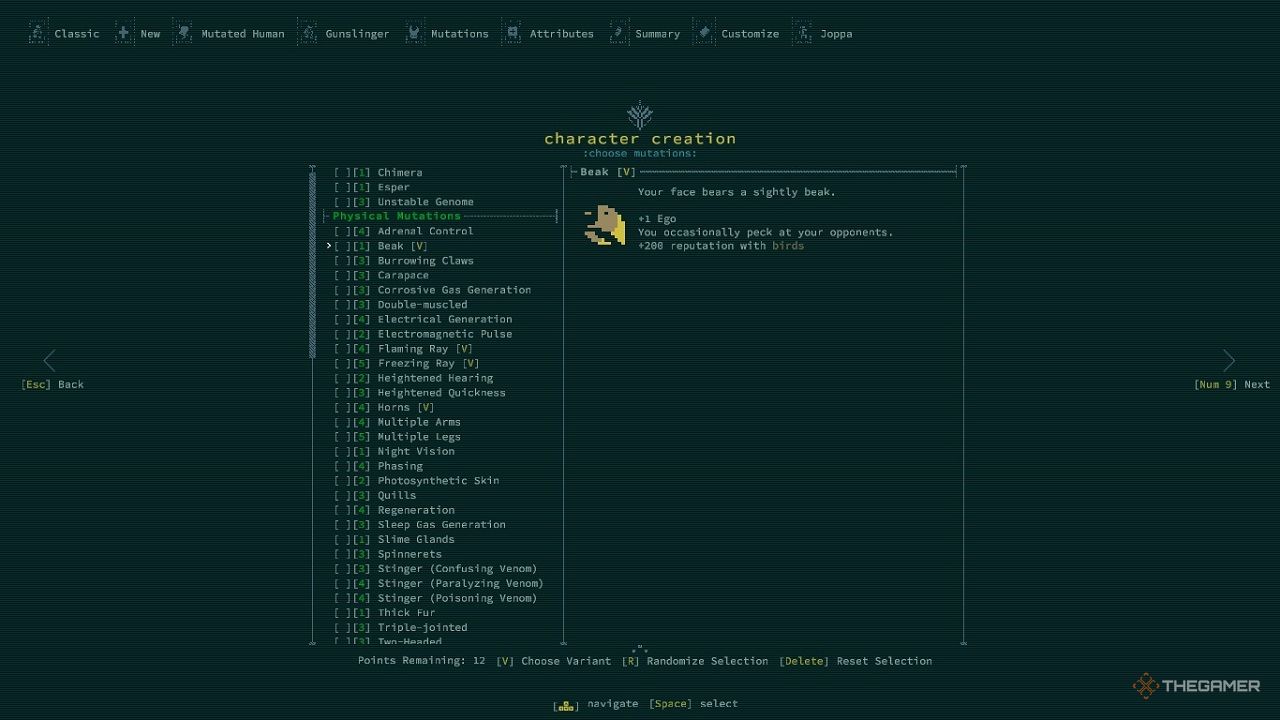 An in-game menu in Caves of Qud showing the mutation Beak.