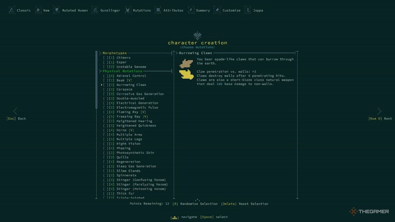 An in-game menu in Caves of Qud showing the mutation Burrowing Claws.