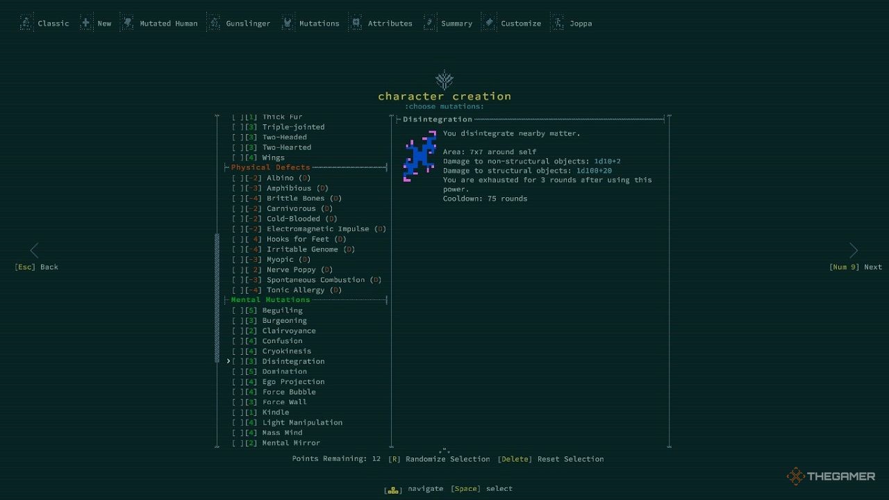 An in-game menu in Caves of Qud showing the mutation Disintegration.