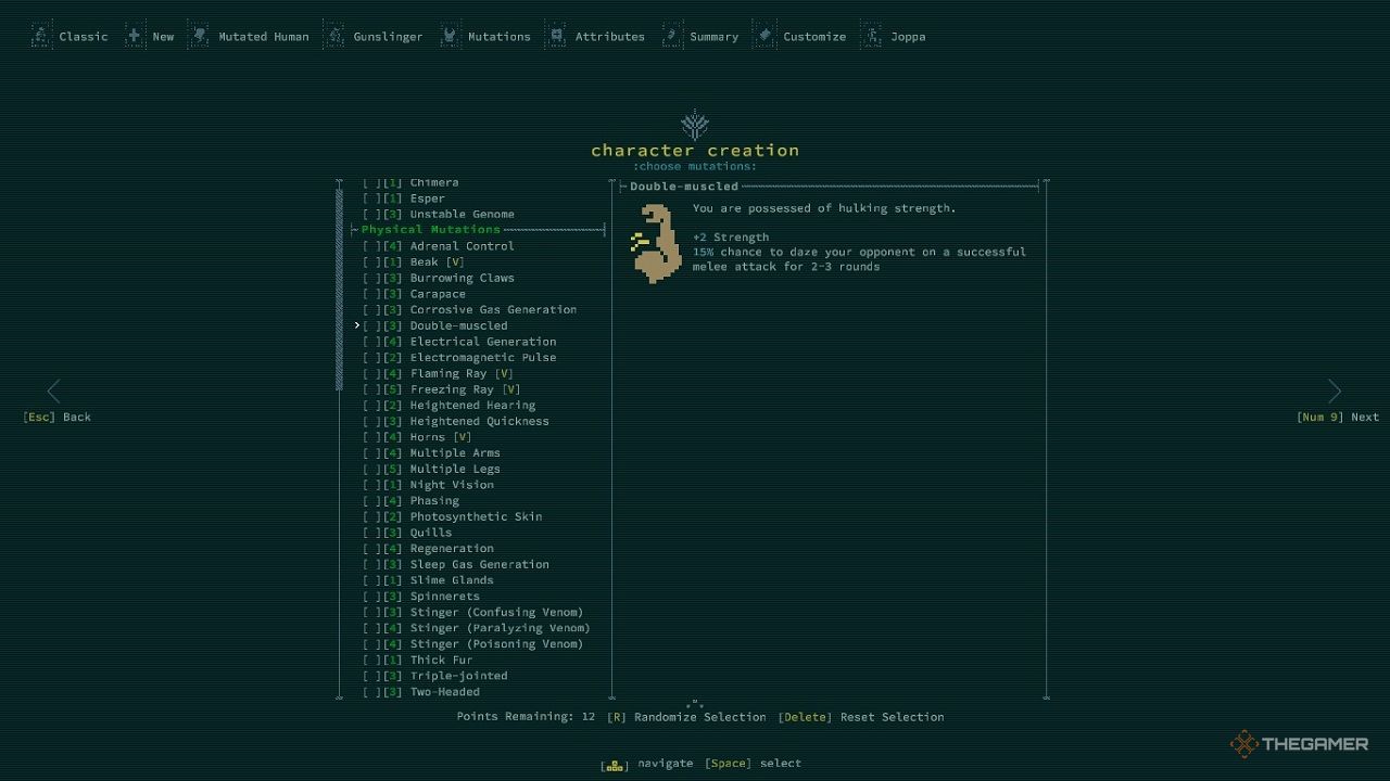 An in-game menu in Caves of Qud showing the mutation Double Muscled.