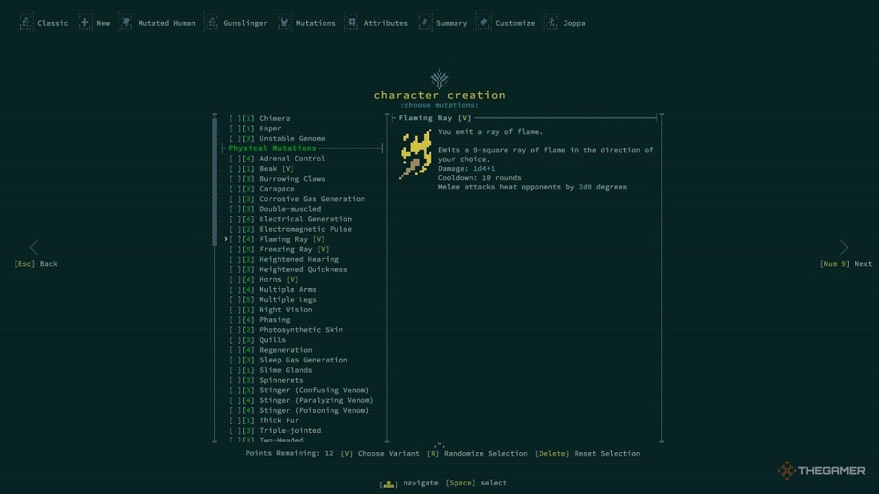 An in-game menu in Caves of Qud showing the mutation Flaming Ray.