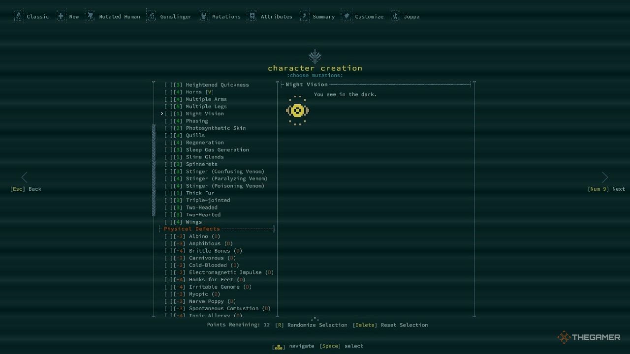 An in-game menu in Caves of Qud showing the mutation Night Vision.