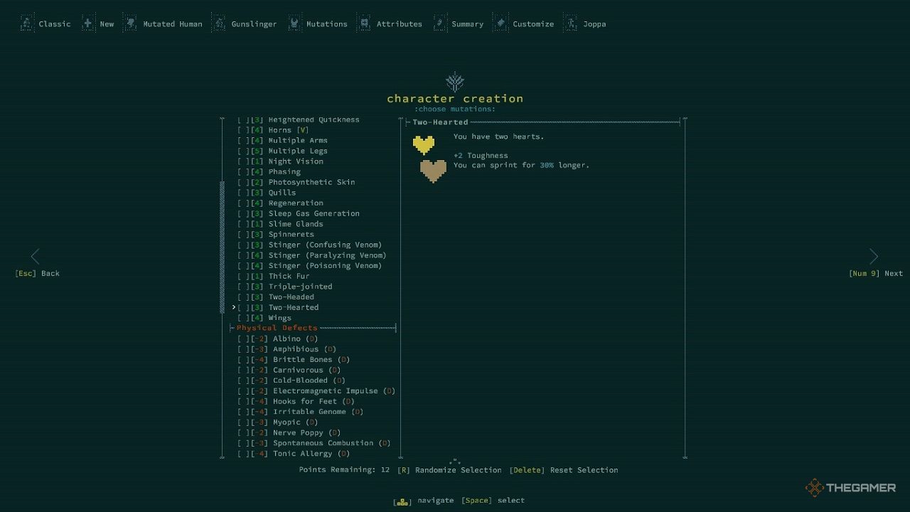 An in-game menu in Caves of Qud showing the mutation Two Hearted.