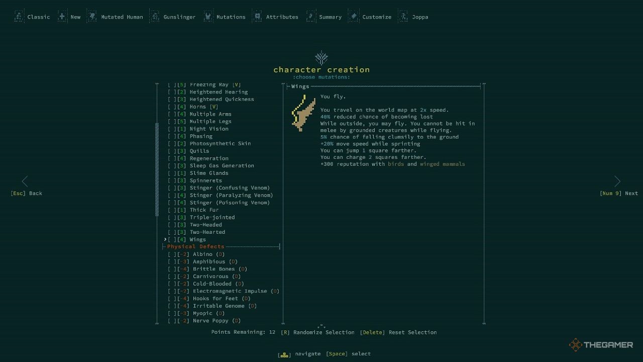 An in-game menu in Caves of Qud showing the mutation Wings.