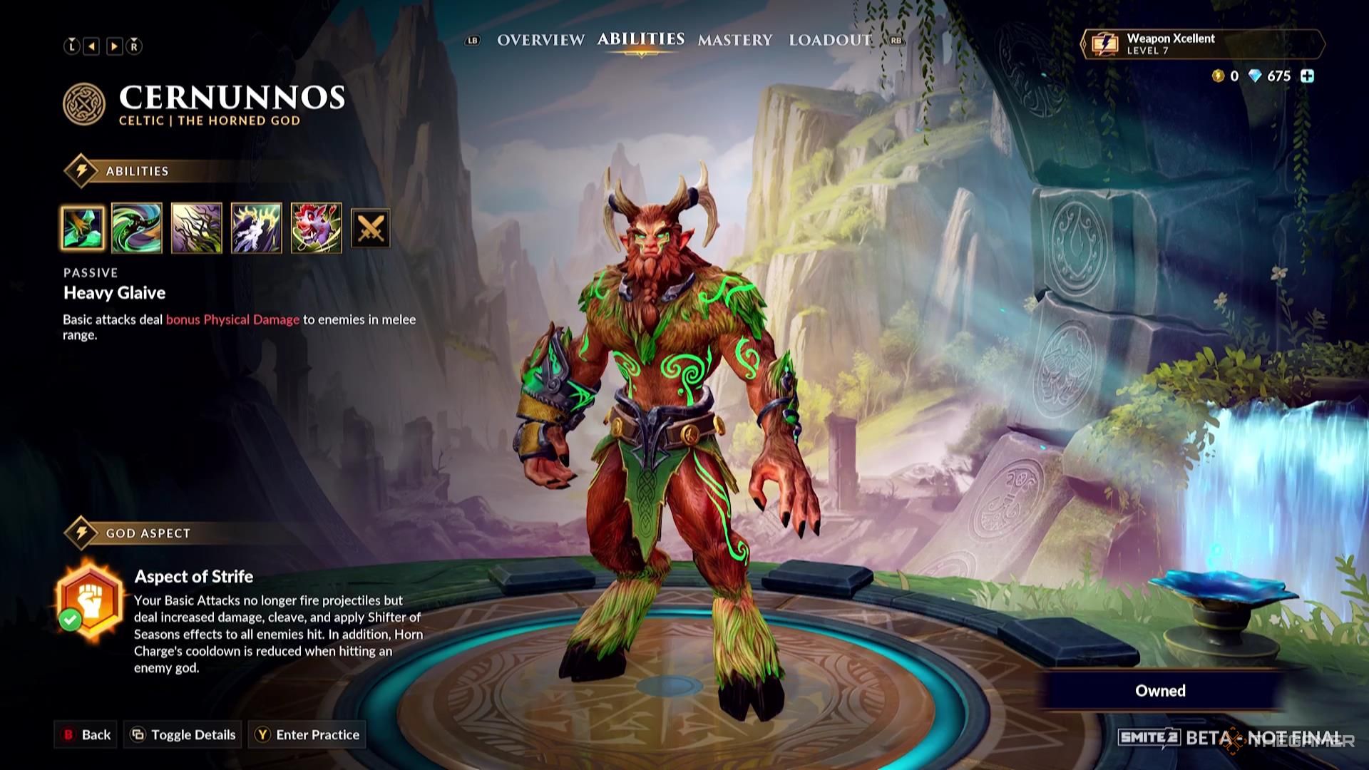 Cernunnos' God Aspect in their ability screen of Smite 2.