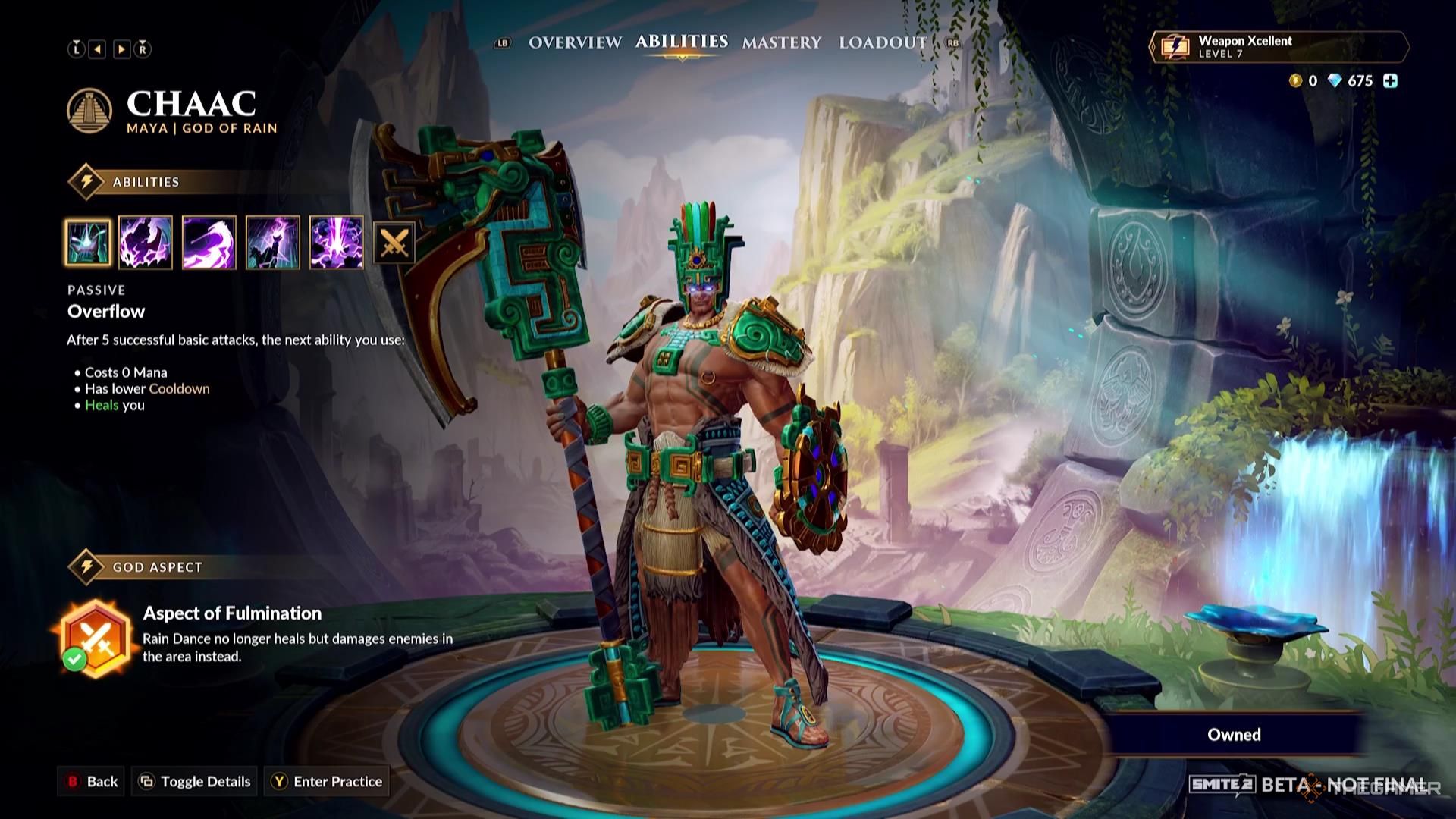 Chaac&rsquo;s God Aspect in their ability screen of Smite 2.