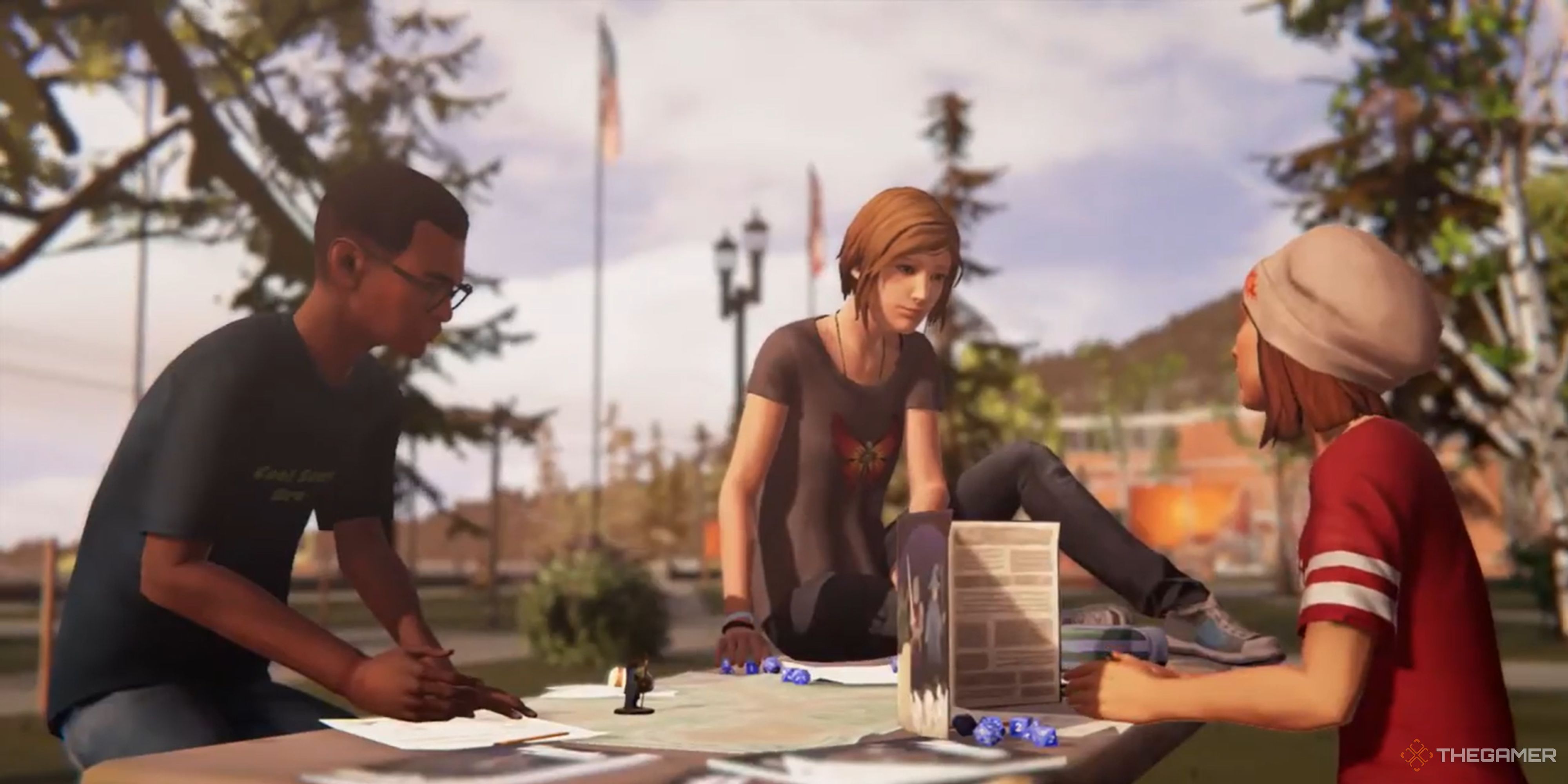 Chloe sits on a table while playing D&amp;D with two classmates in Life is Strange Before the Storm.